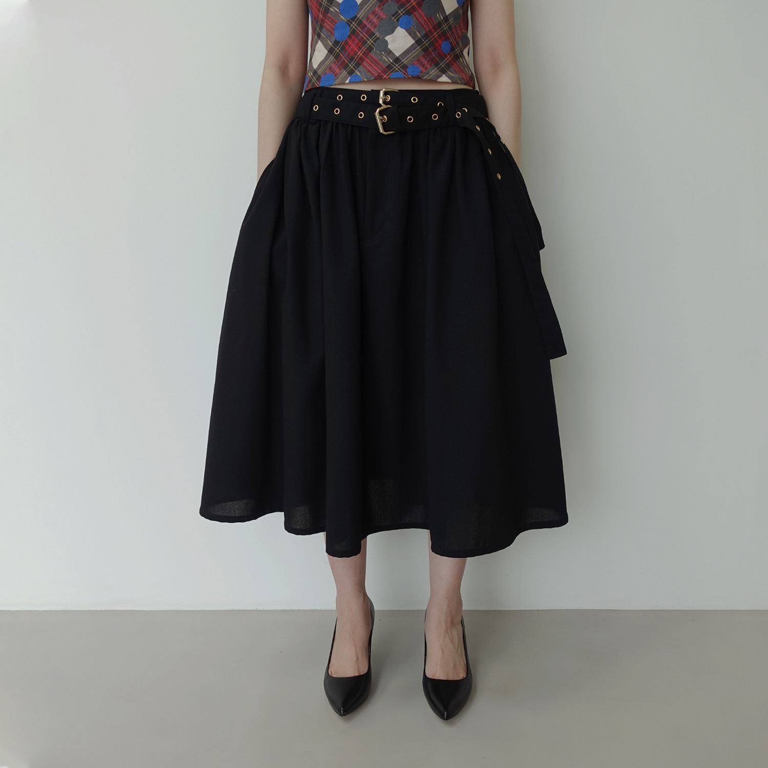 Belted Flare Skirt in Black