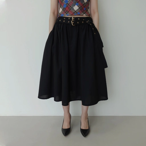 Image of Belted Flare Skirt in Black