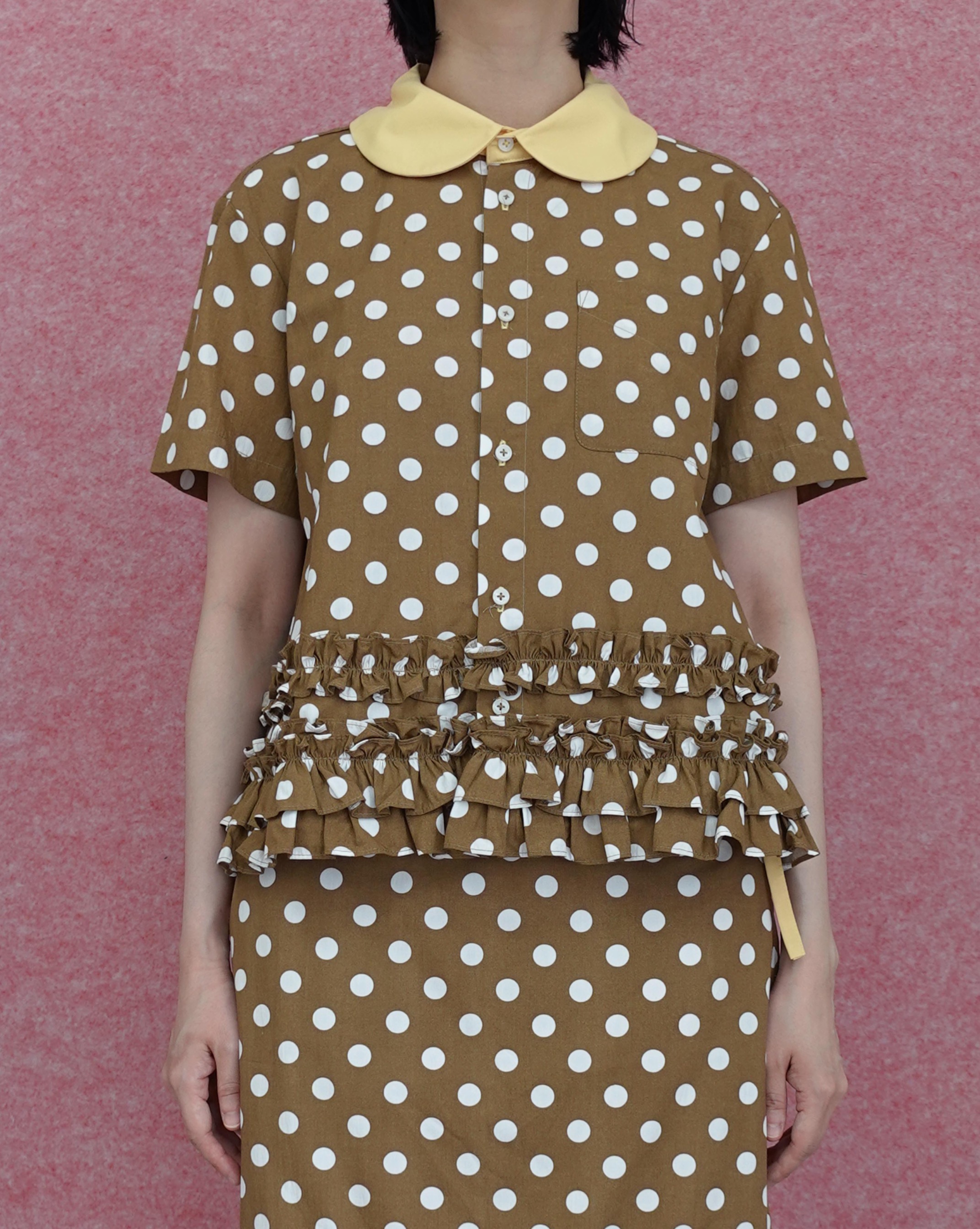 Frill Polkadot SS Shirt - Brown