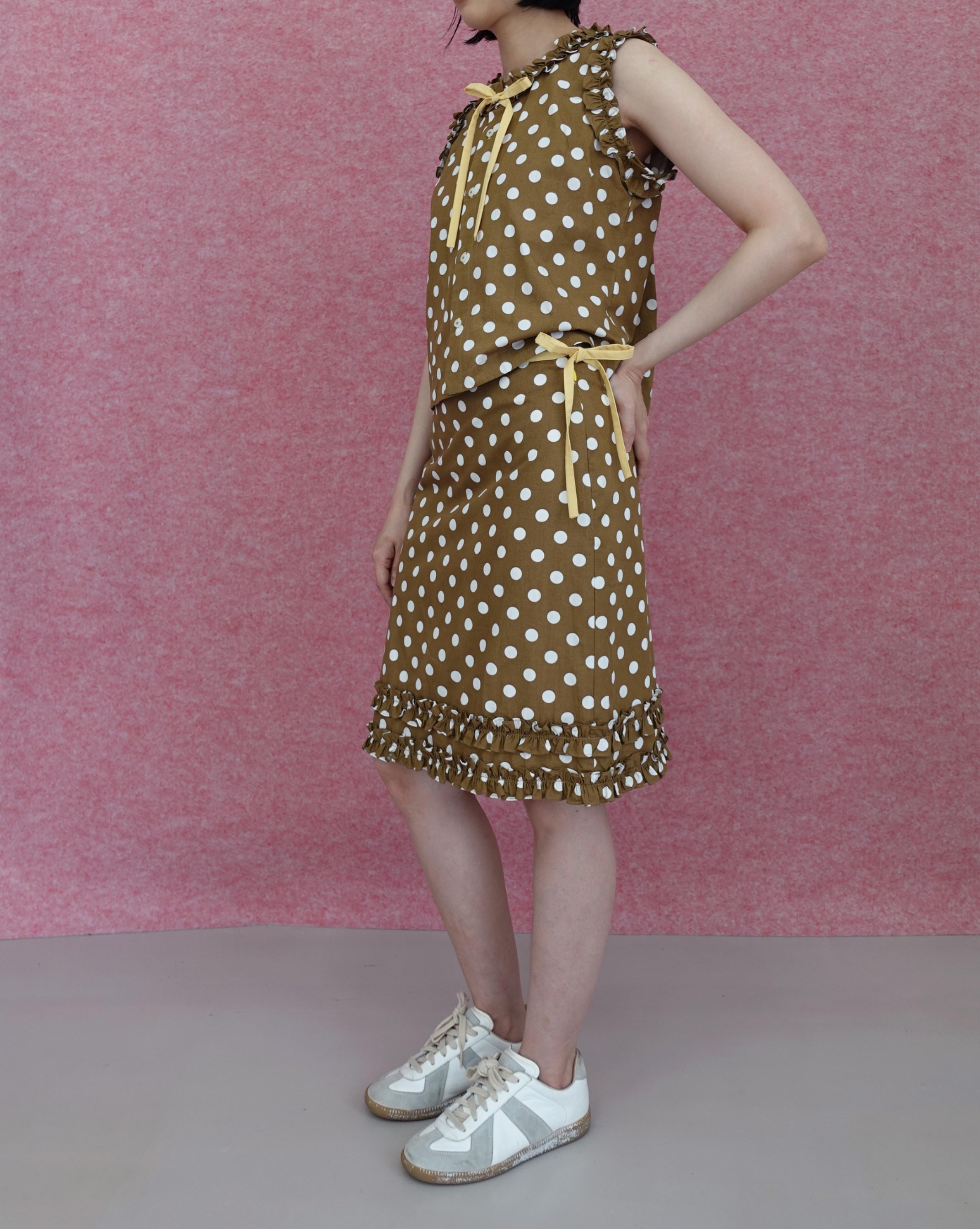 Frill Polkadot Top - Brown