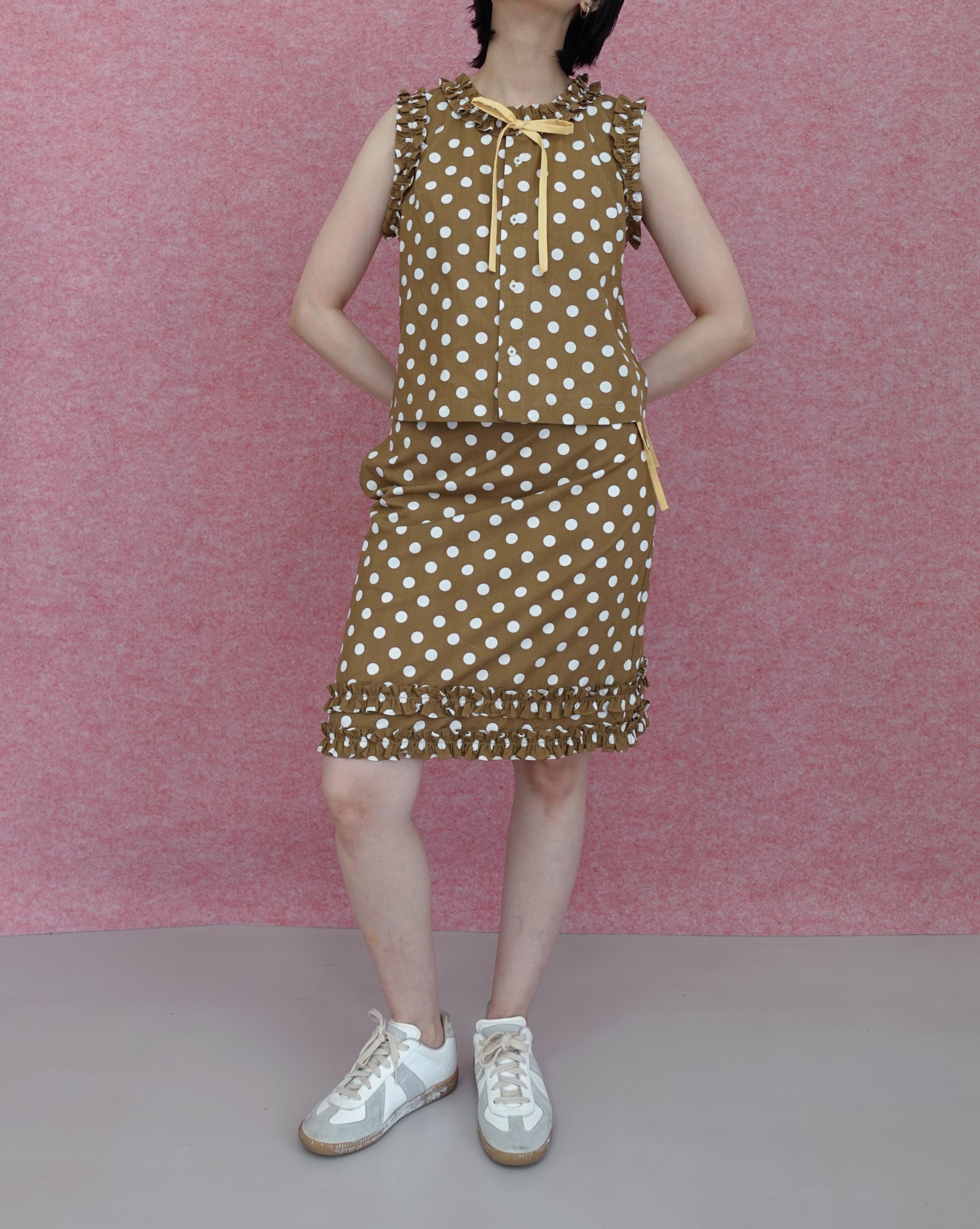 Frill Polkadot Top - Brown