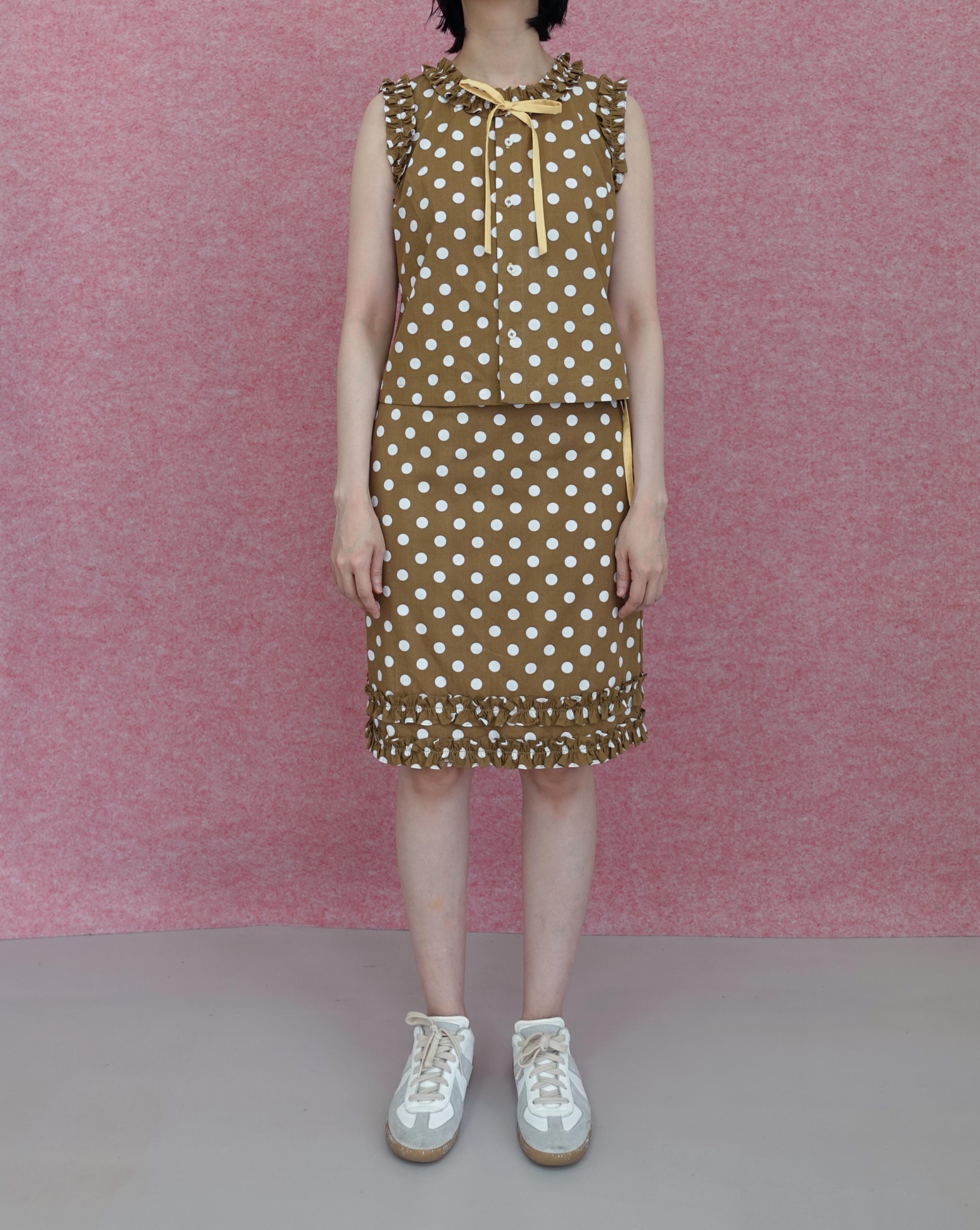 Frill Polkadot Top - Brown