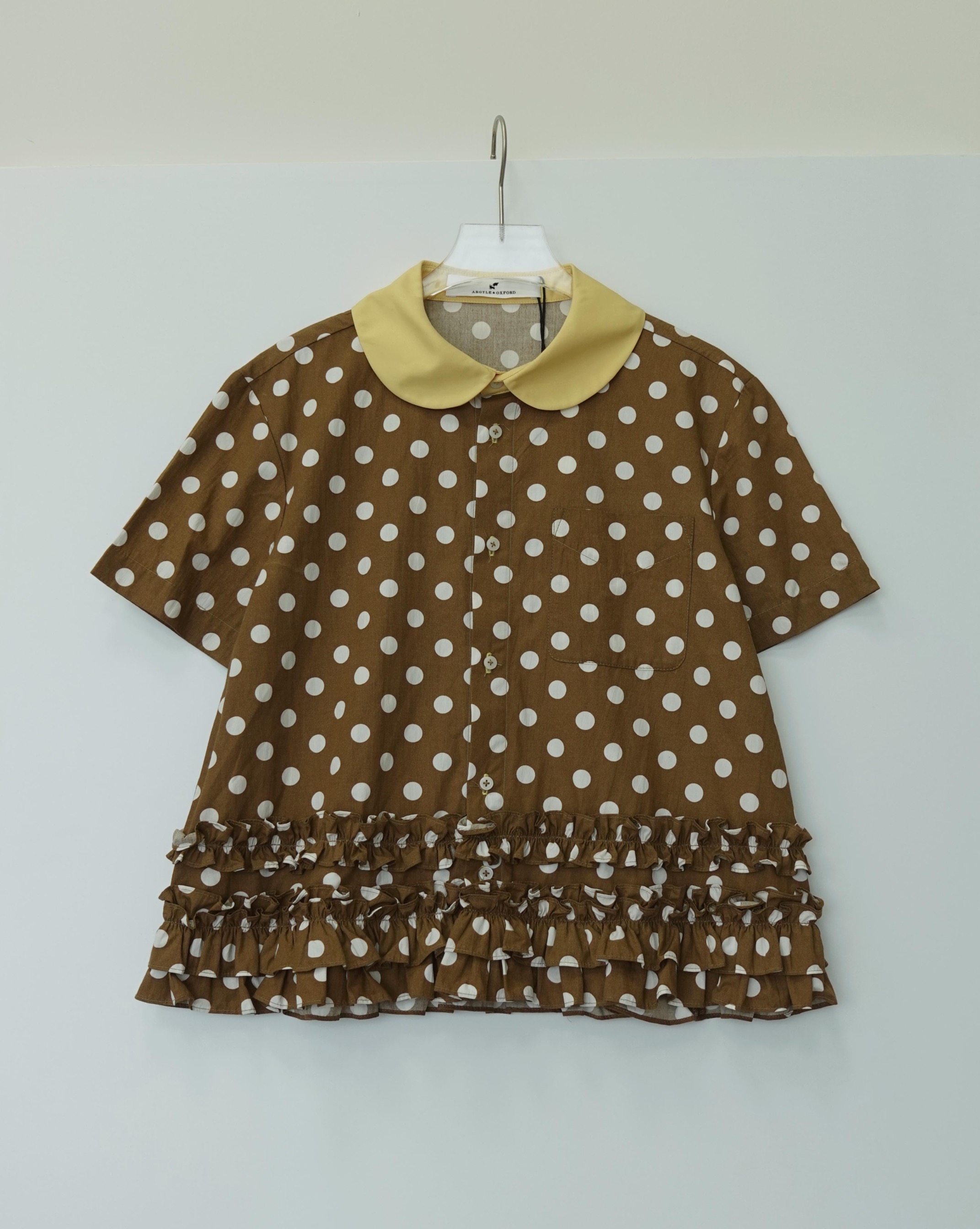 Frill Polkadot SS Shirt - Brown
