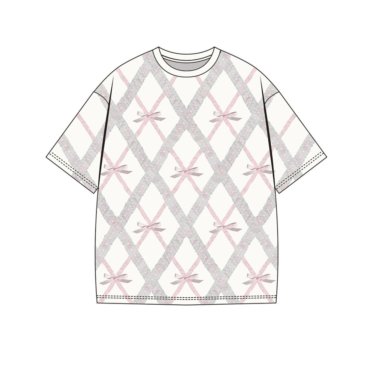 Argyle Broderie Ribbon T-shirt in Pink