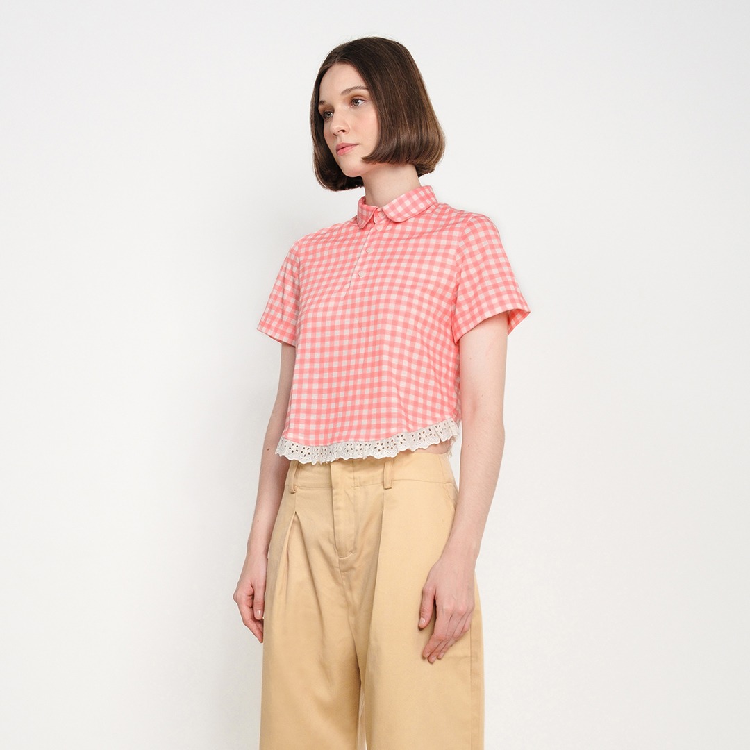 Broderie Gingham Baby Polo in Coral