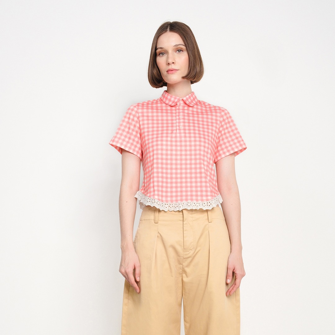 Broderie Gingham Baby Polo in Coral