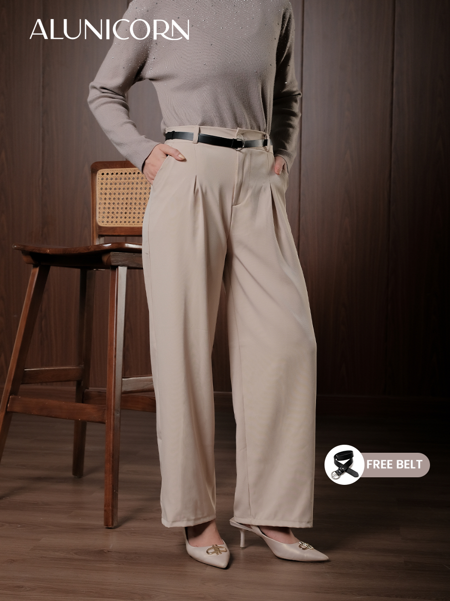 Alunicorn - Pants Fella - Premium Highwaist Trousers - Celana Panjang Wanita Kulot Loose - Free Belt