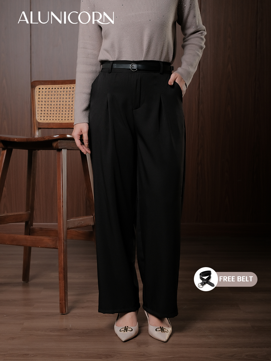 Alunicorn - Pants Fella - Premium Highwaist Trousers - Celana Panjang Wanita Kulot Loose - Free Belt