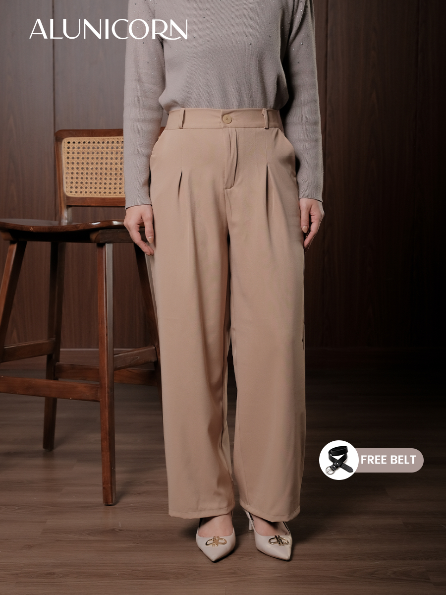 Alunicorn - Pants Fella - Premium Highwaist Trousers - Celana Panjang Wanita Kulot Loose - Free Belt