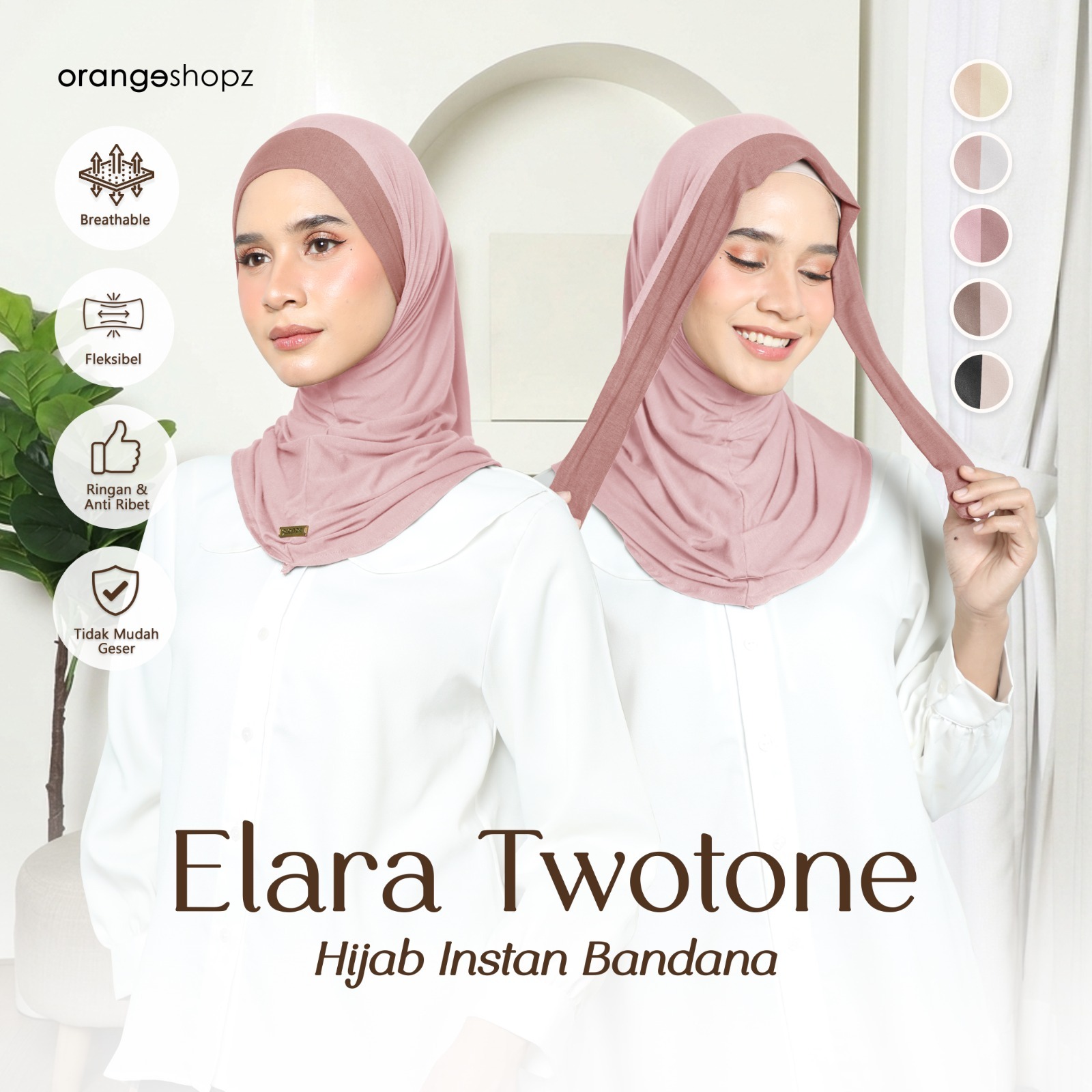 Orangeshopz - Elara Two Tone Hijab Instan Tali Bandana Bergo Slip On Tie Rayon Tencel Premium