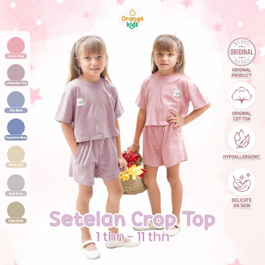Orangekidz - Setelan Crop Top Anak Perempuan Cotton Combed | Oneset Kaos Pendek Saku Polos