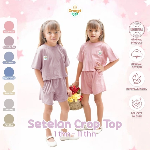 Orangekidz - Setelan Crop Top Anak Perempuan Cotton Combed | Oneset Kaos Pendek Saku Polos