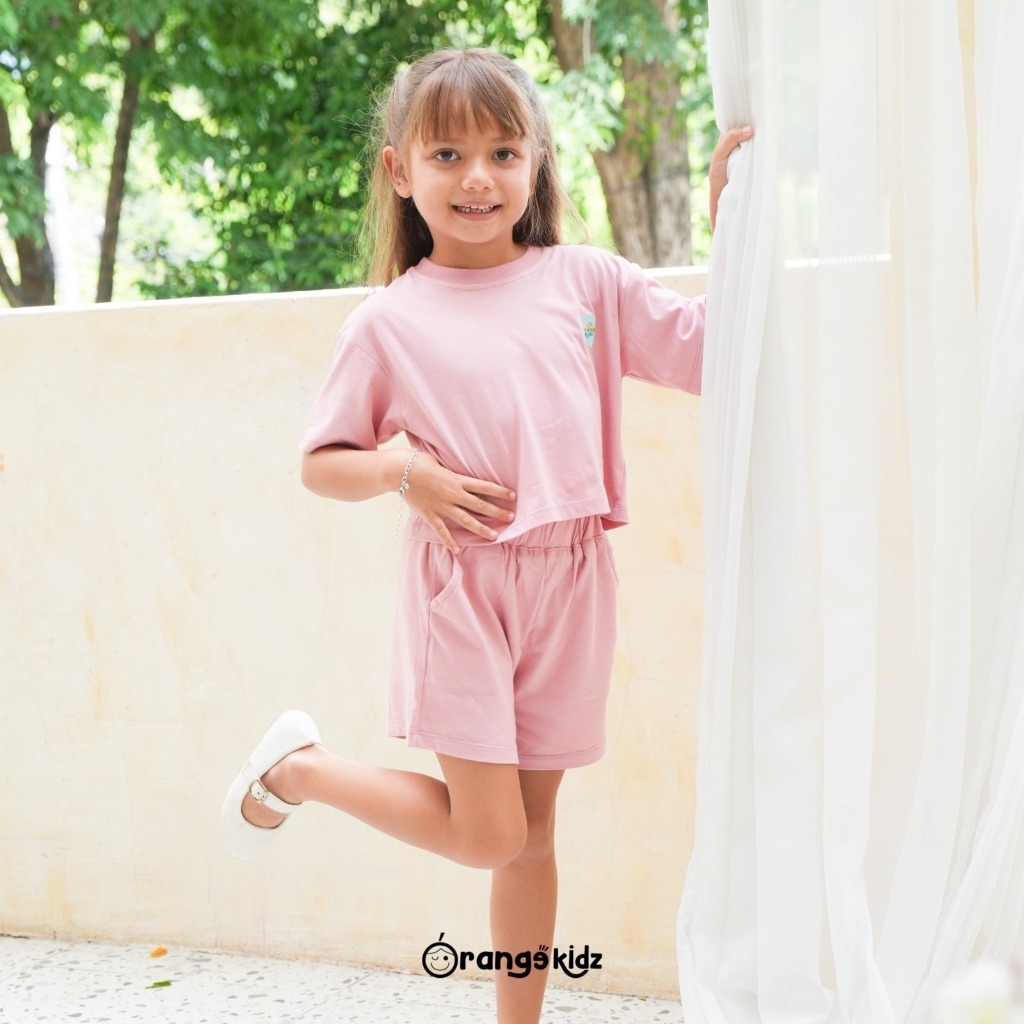 Orangekidz - Setelan Crop Top Anak Perempuan Cotton Combed | Oneset Kaos Pendek Saku Polos