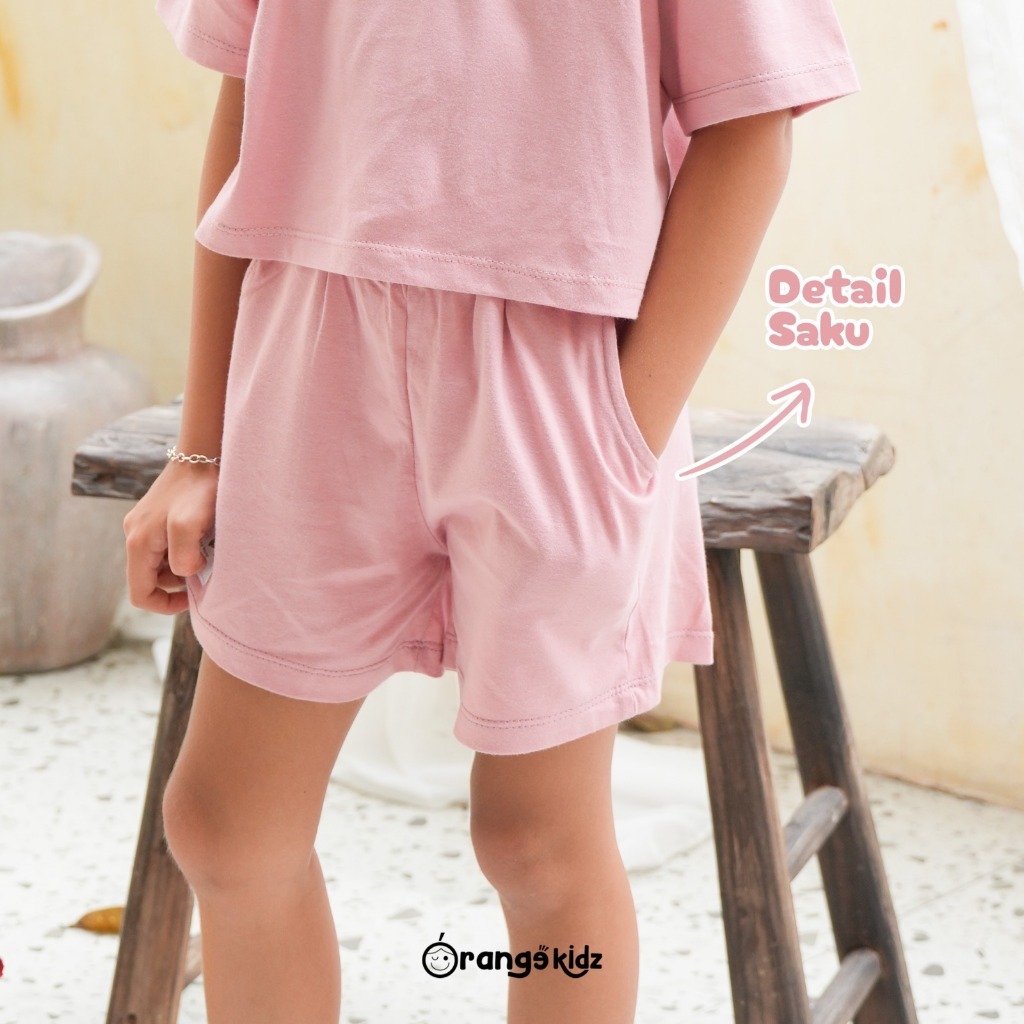 Orangekidz - Setelan Crop Top Anak Perempuan Cotton Combed | Oneset Kaos Pendek Saku Polos