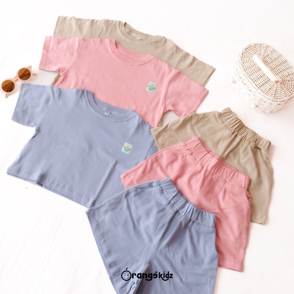 Orangekidz - Setelan Crop Top Anak Perempuan Cotton Combed | Oneset Kaos Pendek Saku Polos