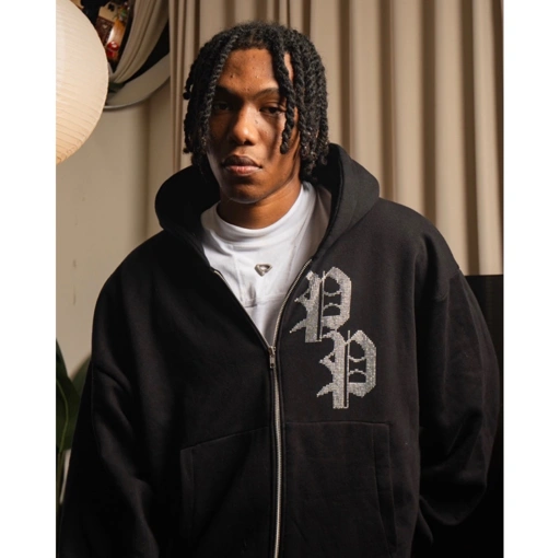 Image of Double P Rhinestone Zip Hoodie - POSPICC Essentiel 