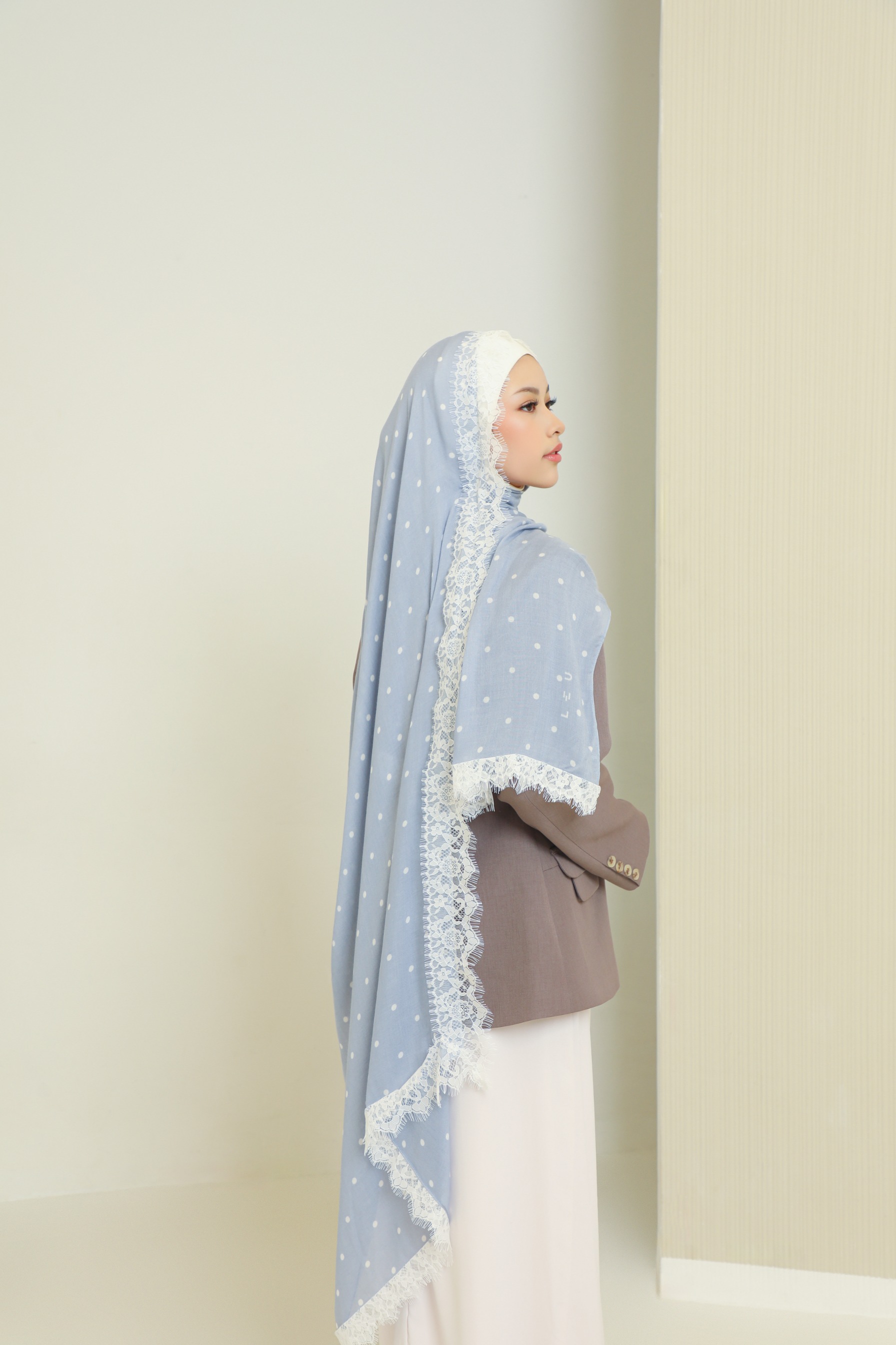 Polkadot Lace Scarf Powder Blue | Pashmina Printed Modals