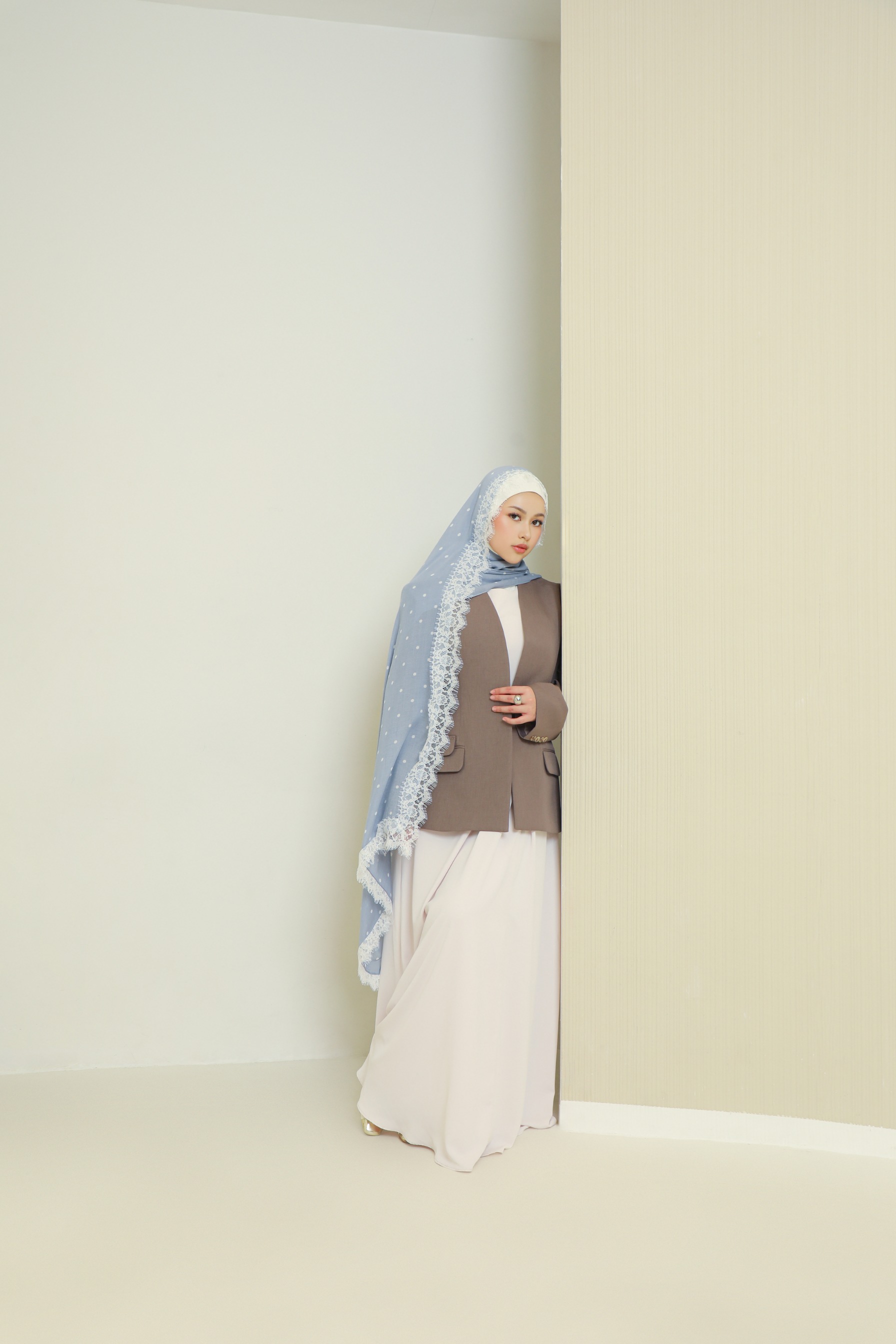 Polkadot Lace Scarf Powder Blue | Pashmina Printed Modals