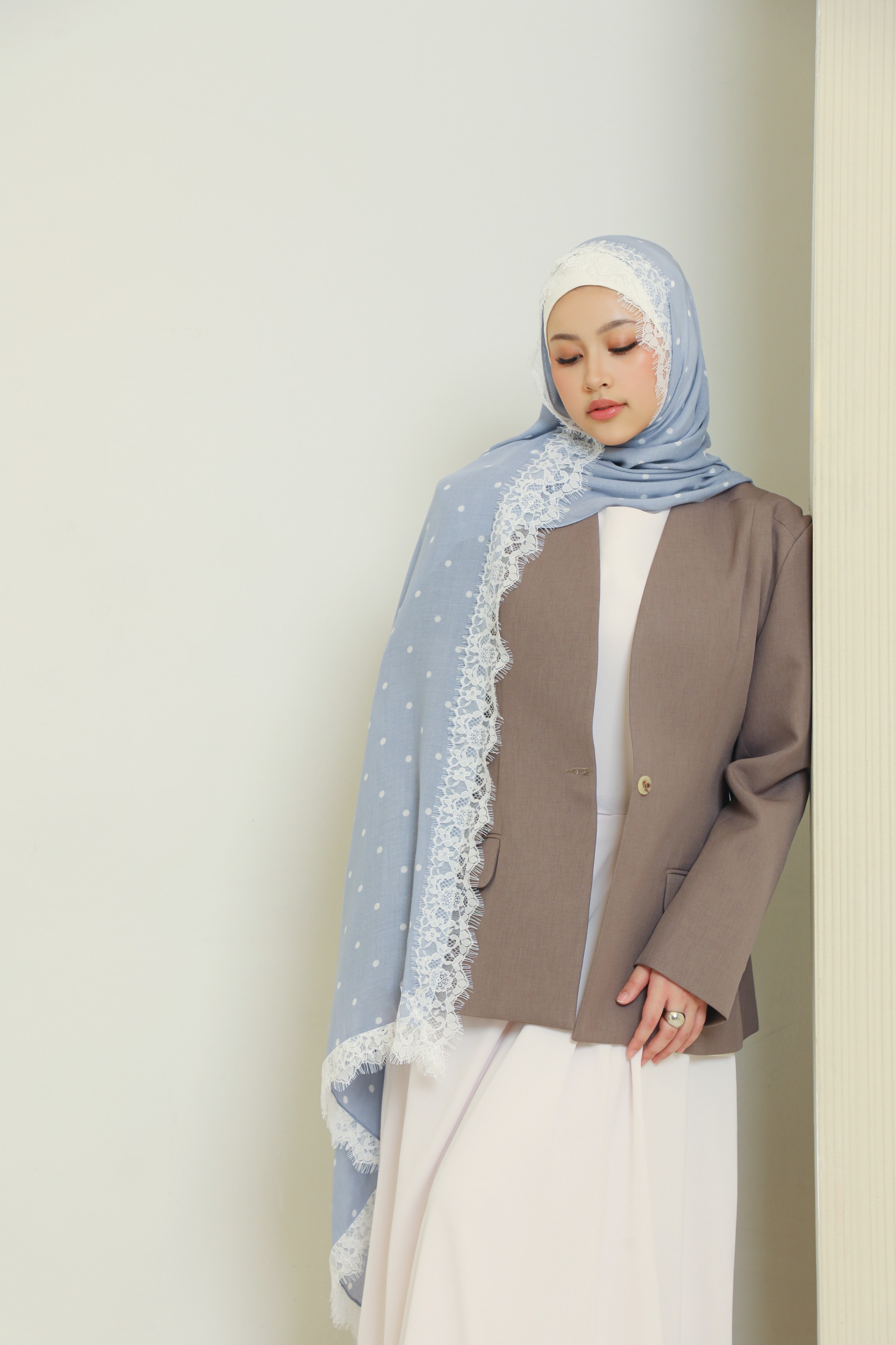 Polkadot Lace Scarf Powder Blue | Pashmina Printed Modals