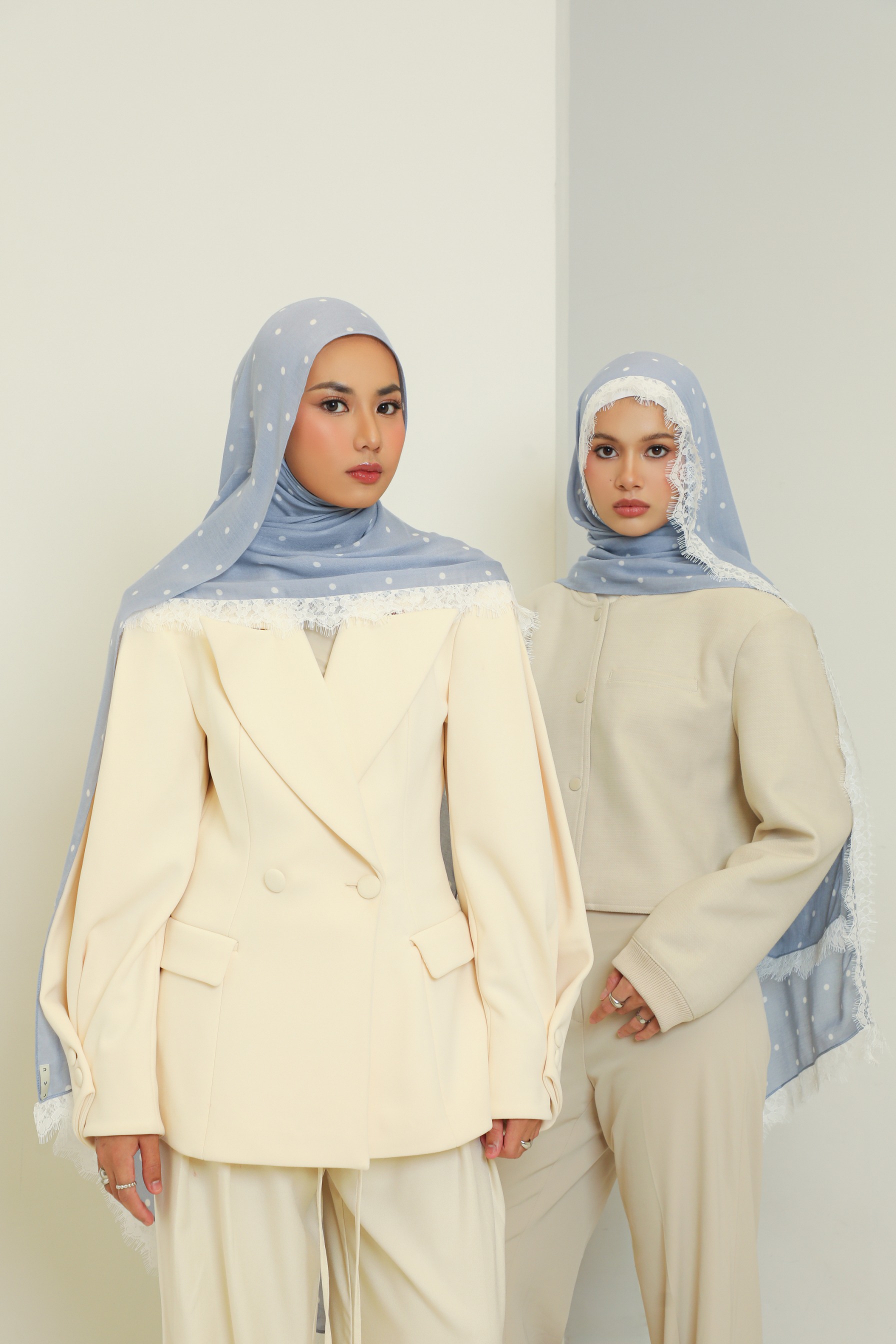 Polkadot Lace Scarf Powder Blue | Pashmina Printed Modals