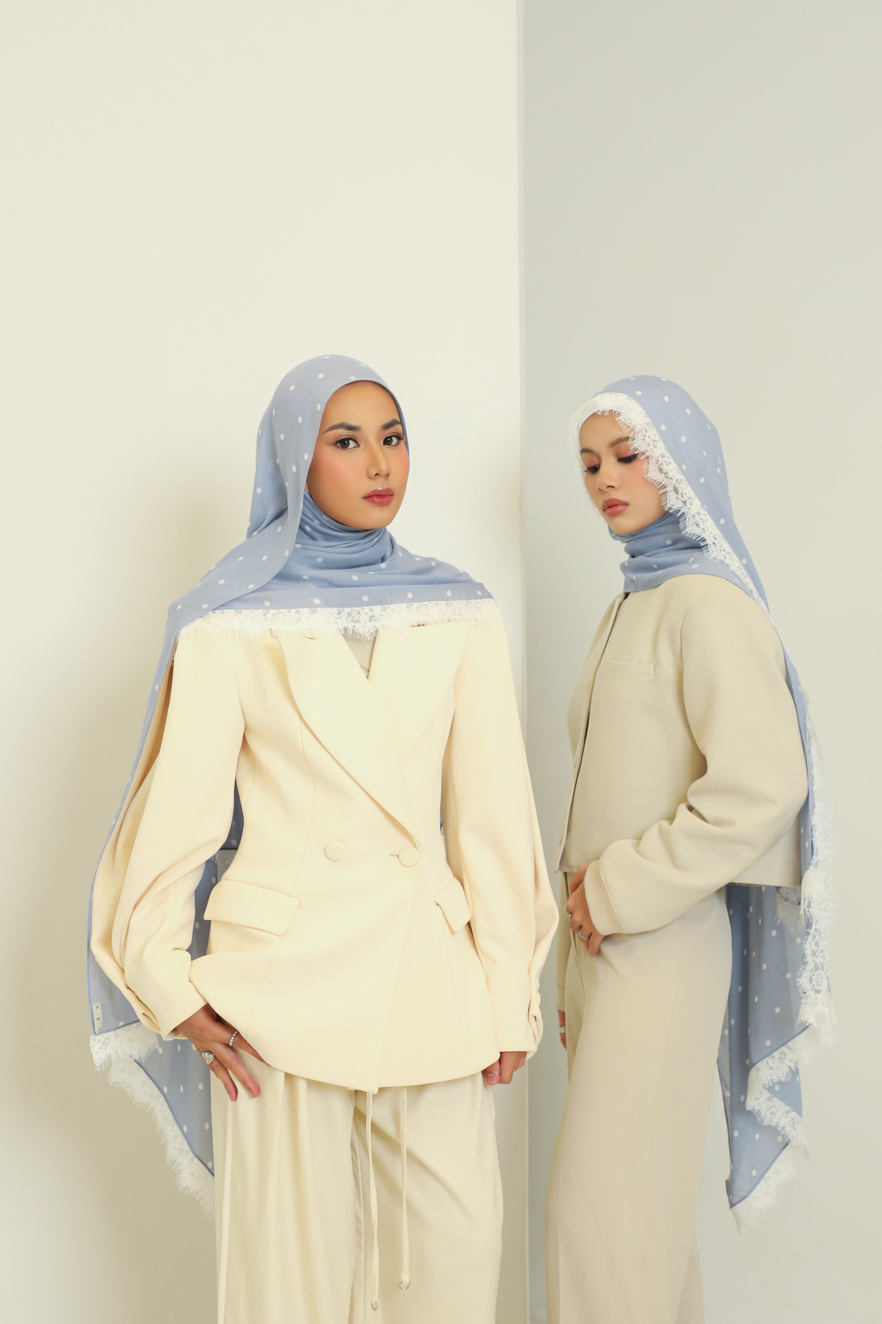Polkadot Lace Scarf Powder Blue | Pashmina Printed Modals