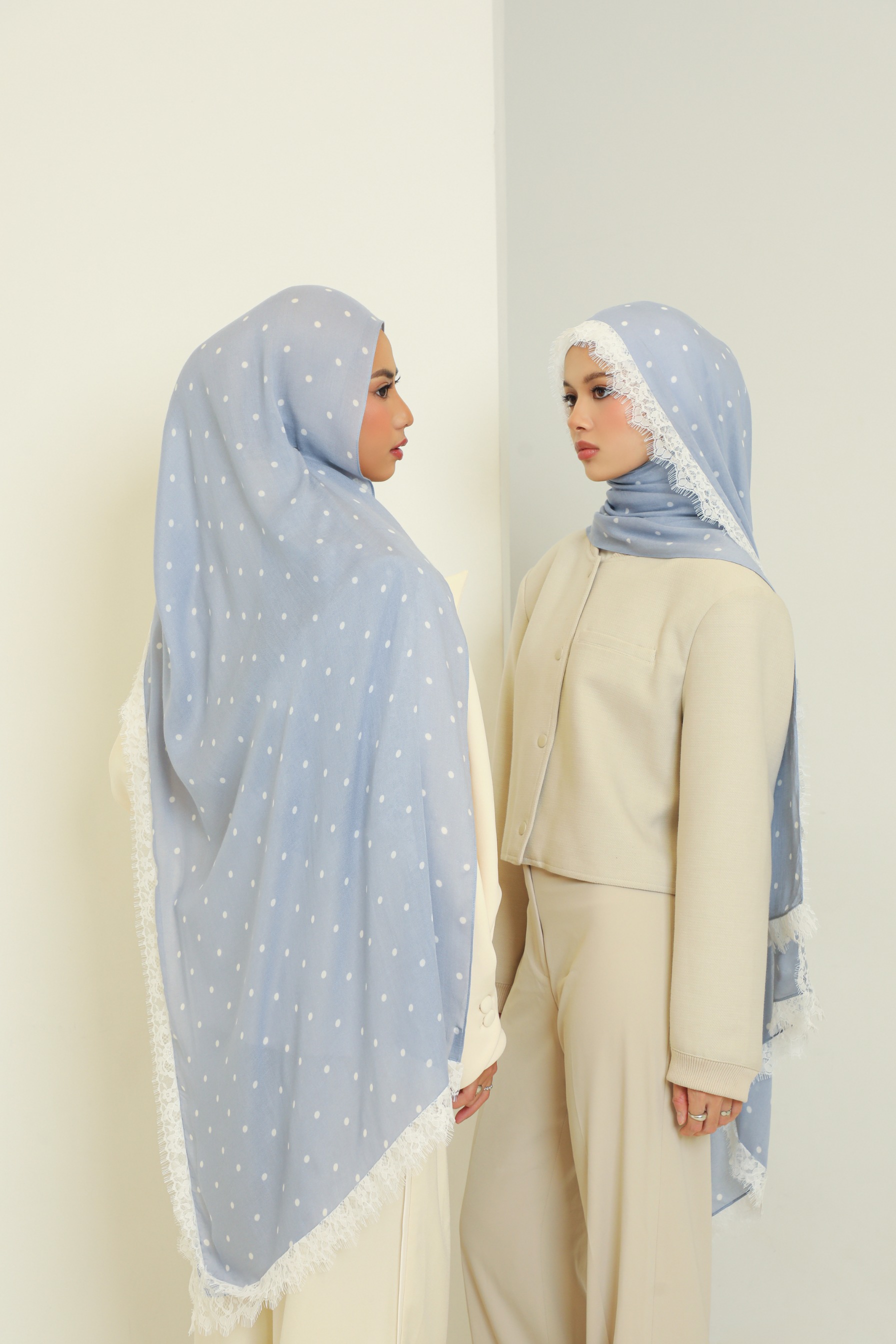 Polkadot Lace Scarf Powder Blue | Pashmina Printed Modals