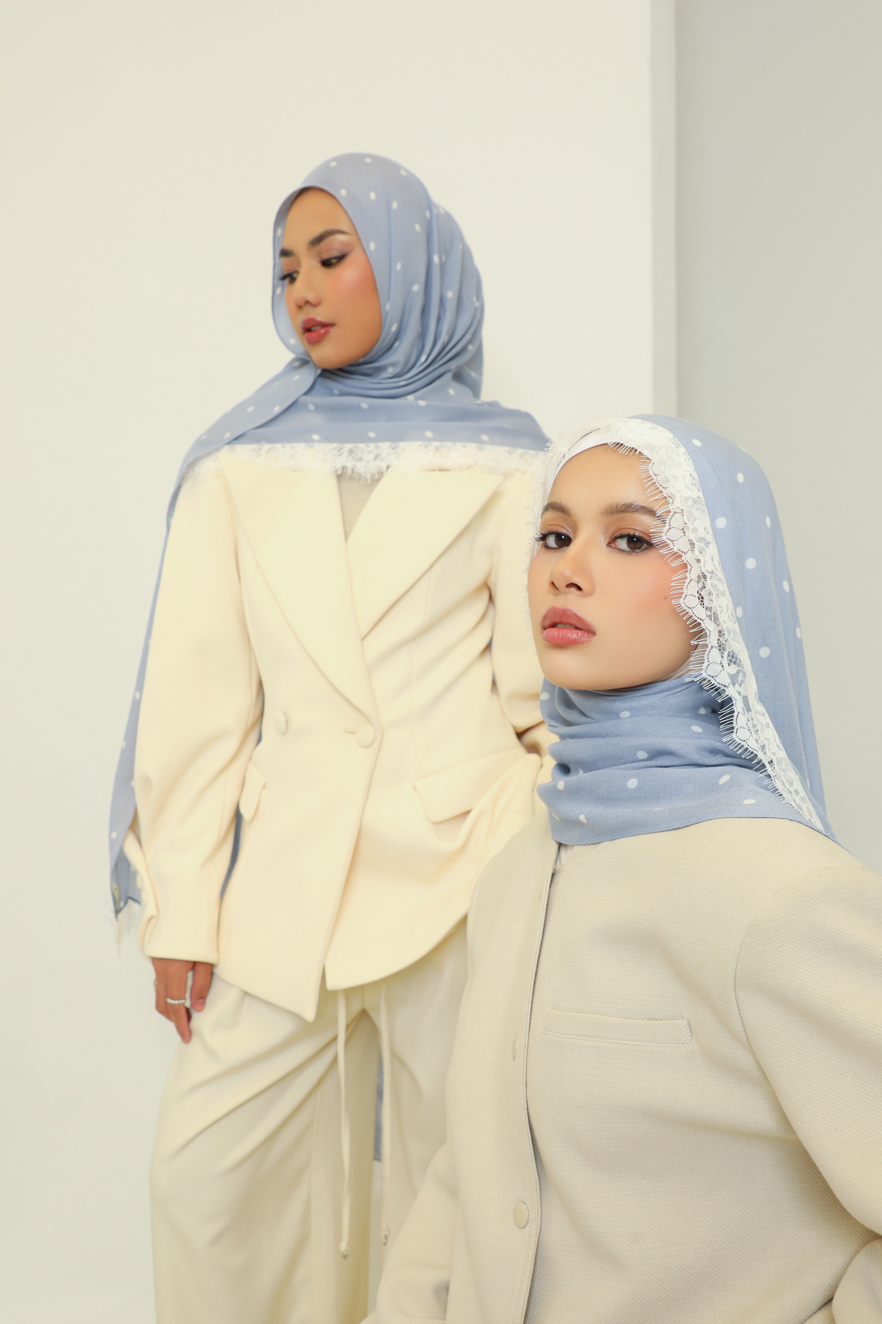 Polkadot Lace Scarf Powder Blue | Pashmina Printed Modals