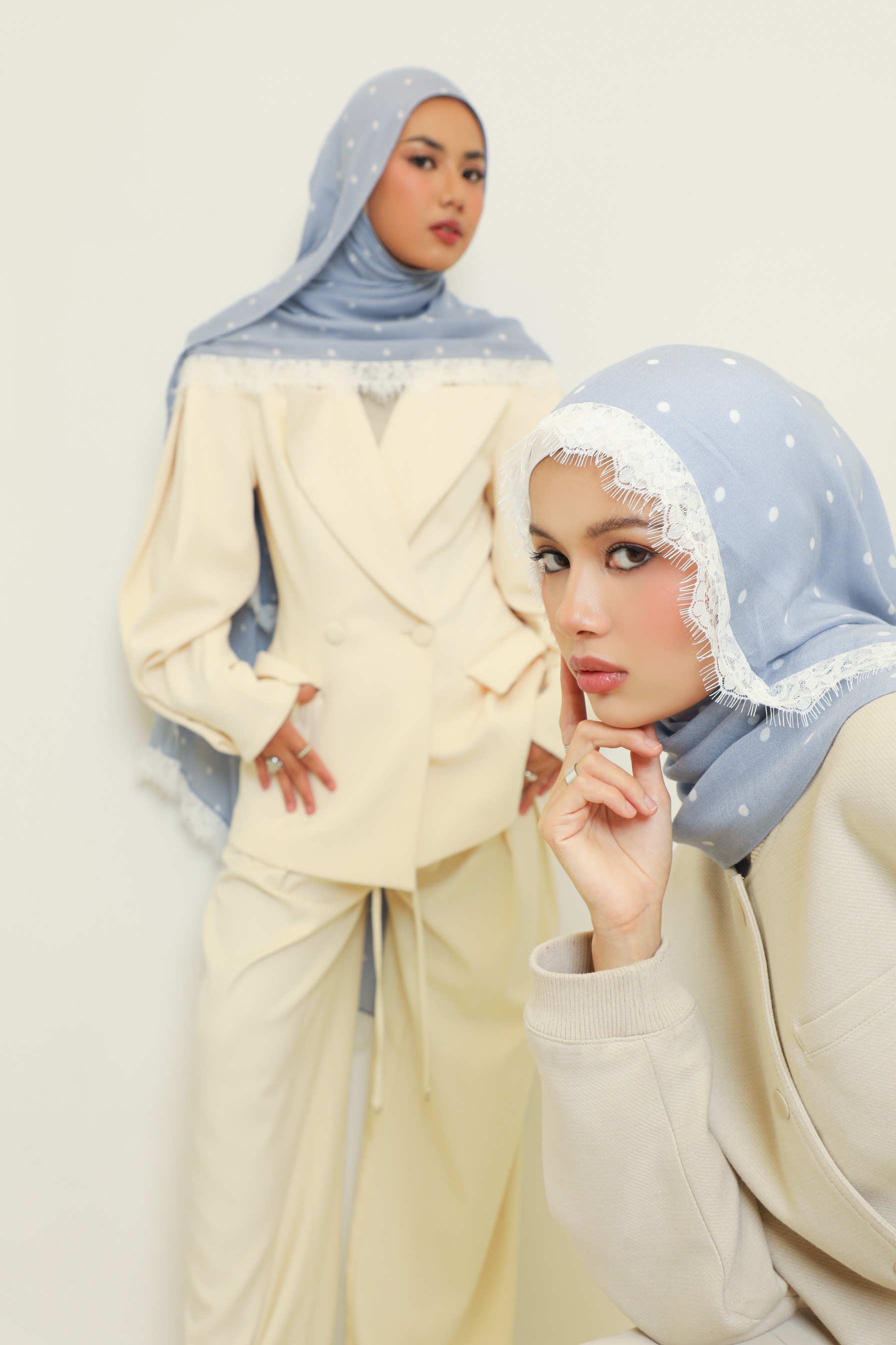 Polkadot Lace Scarf Powder Blue | Pashmina Printed Modals