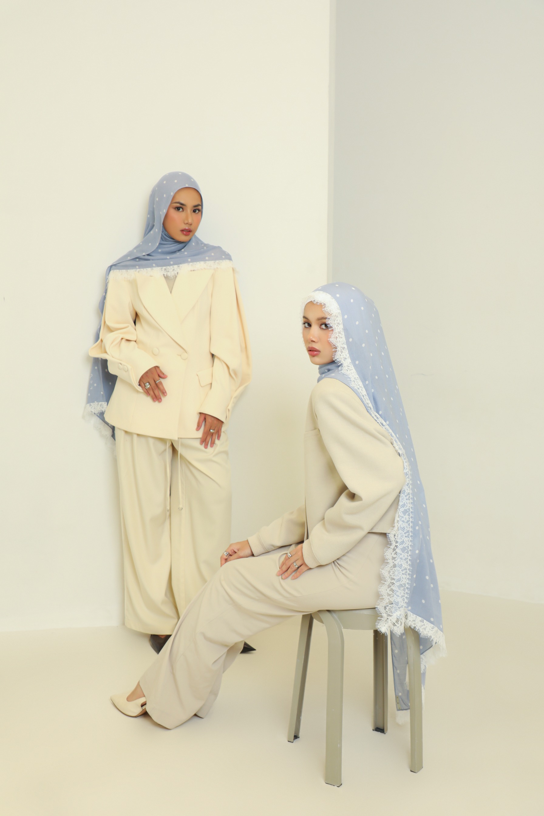 Polkadot Lace Scarf Powder Blue | Pashmina Printed Modals