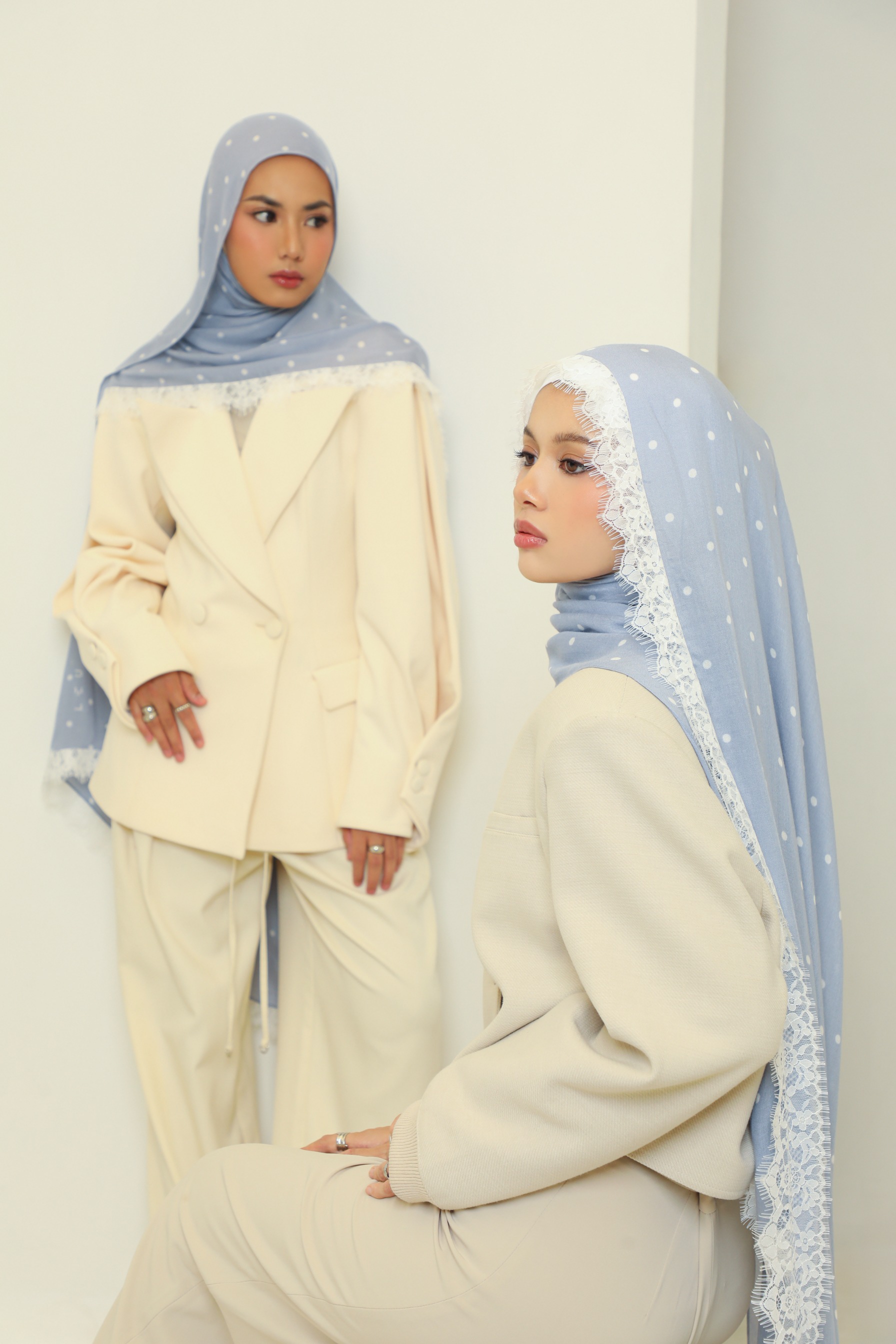Polkadot Lace Scarf Powder Blue | Pashmina Printed Modals