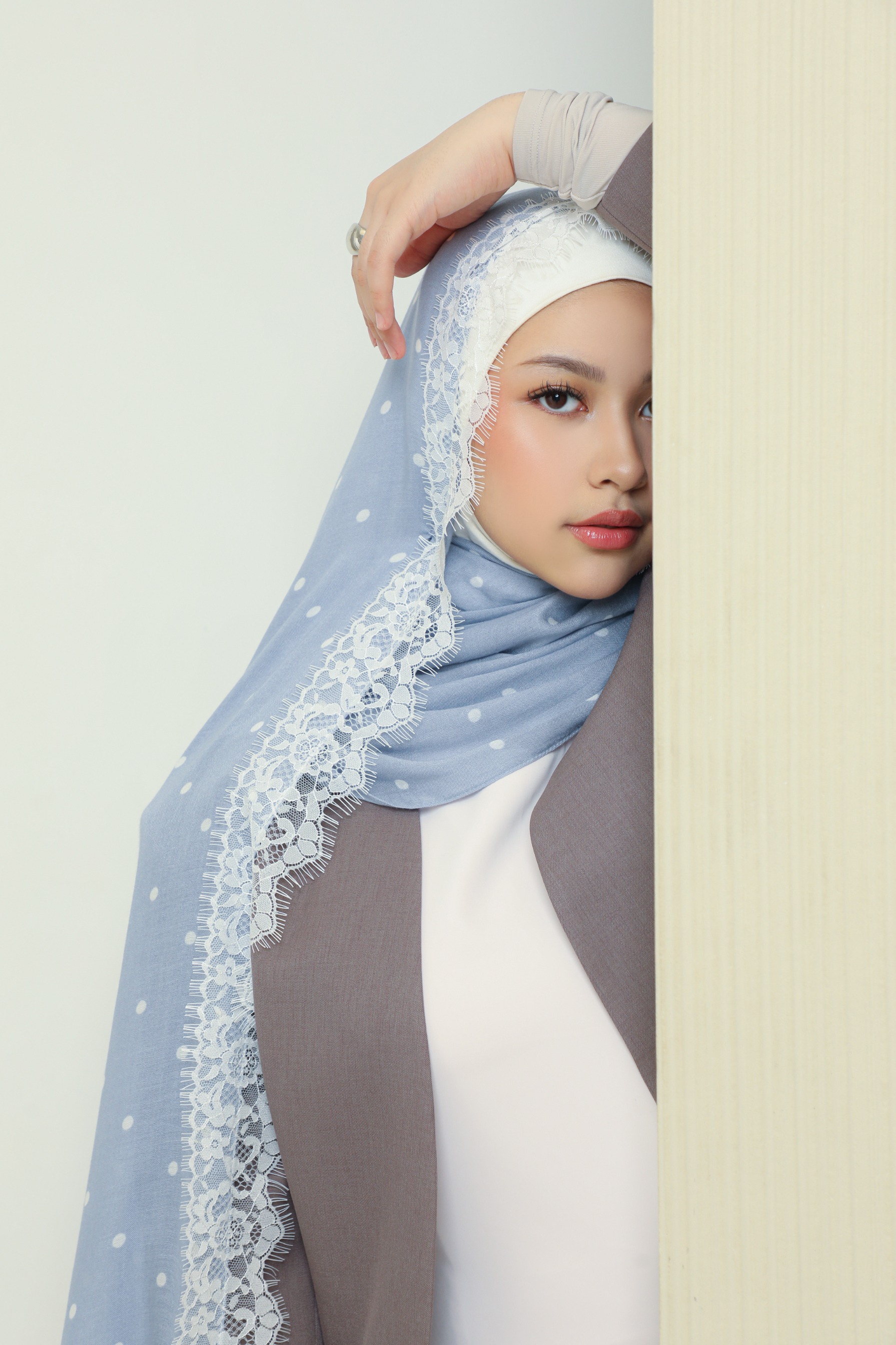 Polkadot Lace Scarf Powder Blue | Pashmina Printed Modals