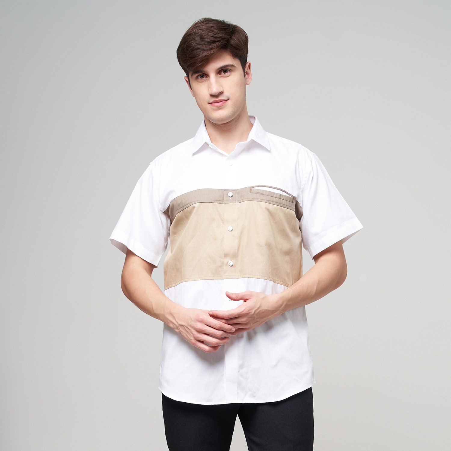 Kemeja Pria Lengan Pendek Casual Kombinasi Body Fit