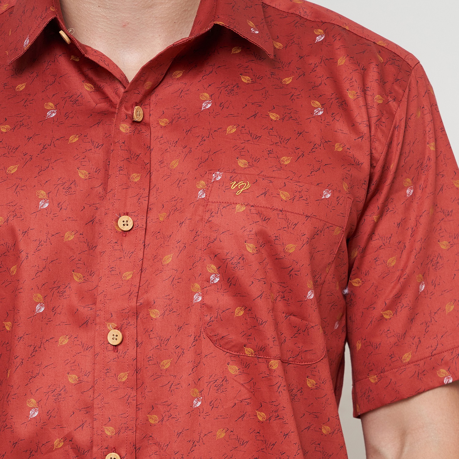 Kemeja Pria Lengan Pendek Printing Leaves Katun Jumbo