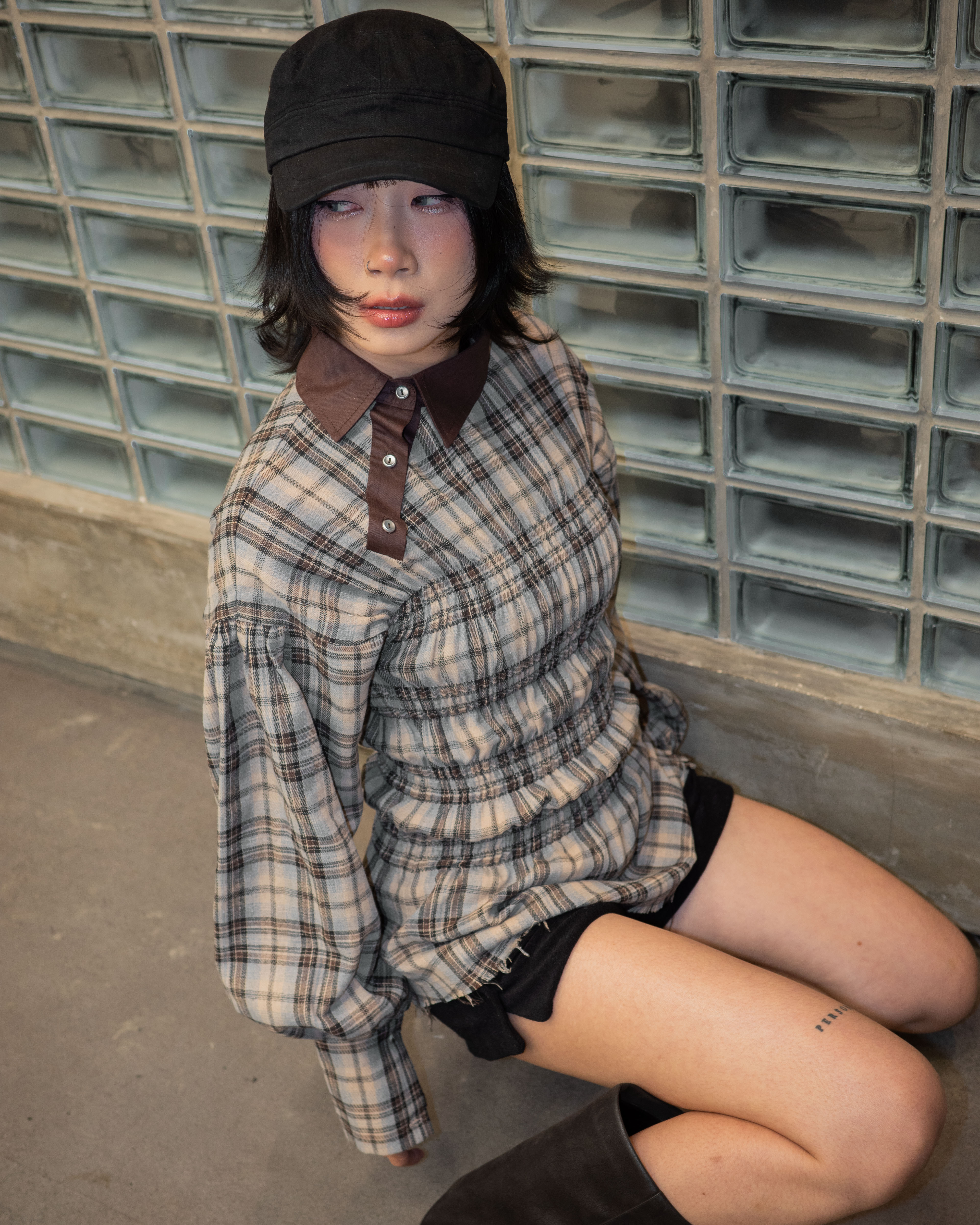 Plaid Smock Shirt with Brown Collar