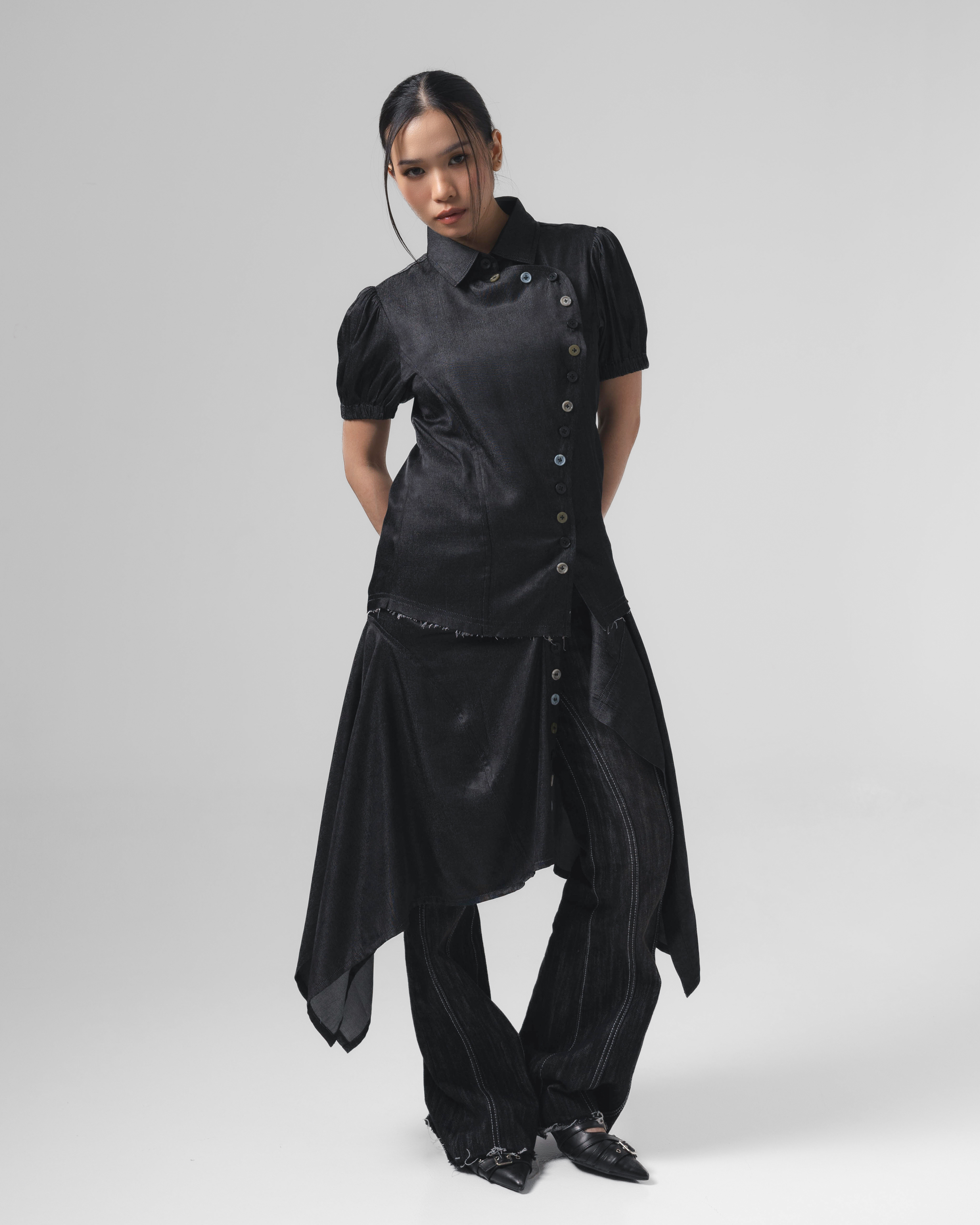 Noir Buttons Poppy Sleeve Shirt