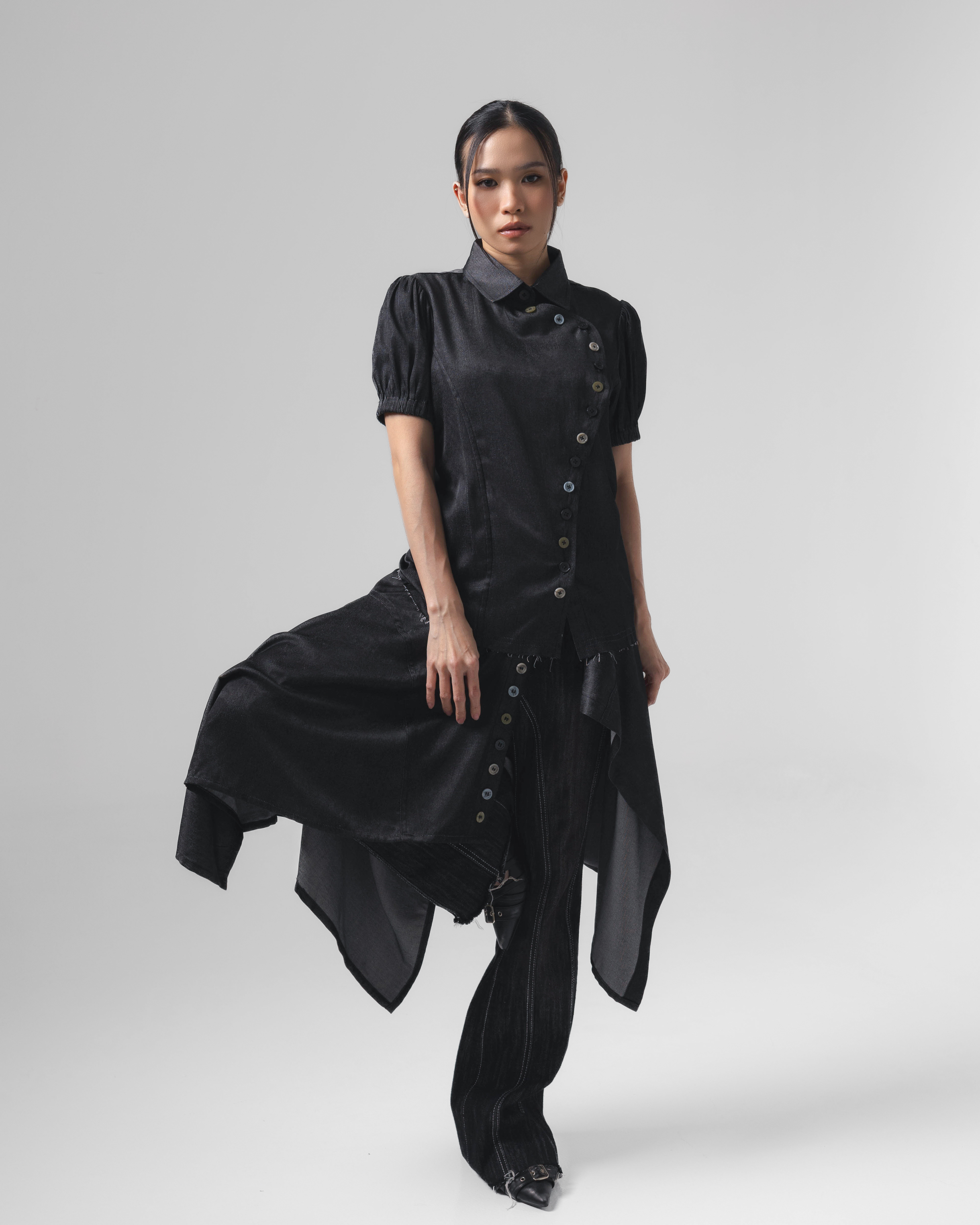 Noir Buttons Poppy Sleeve Shirt