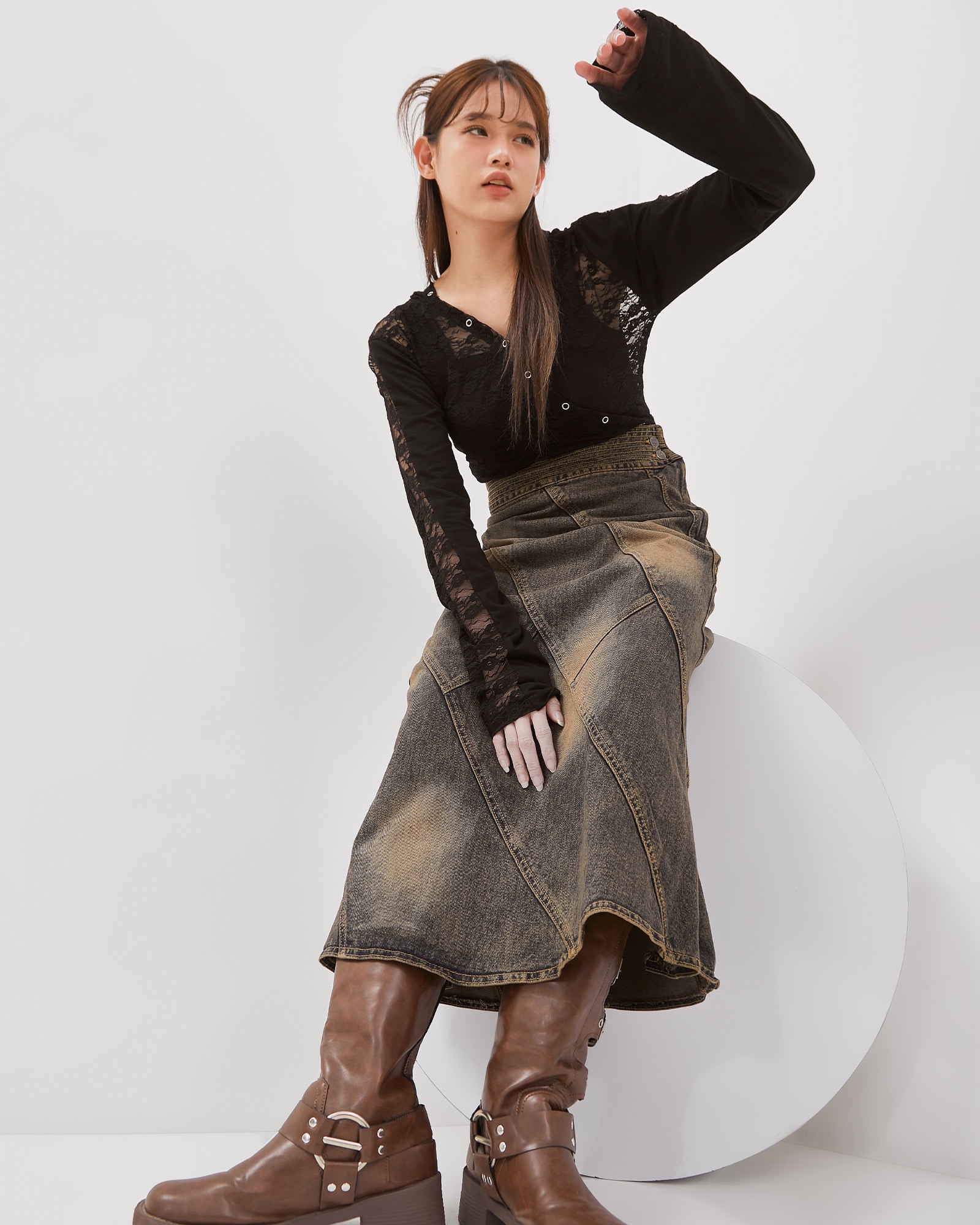 Vintage Brown Wash Line Up Denim Skirt
