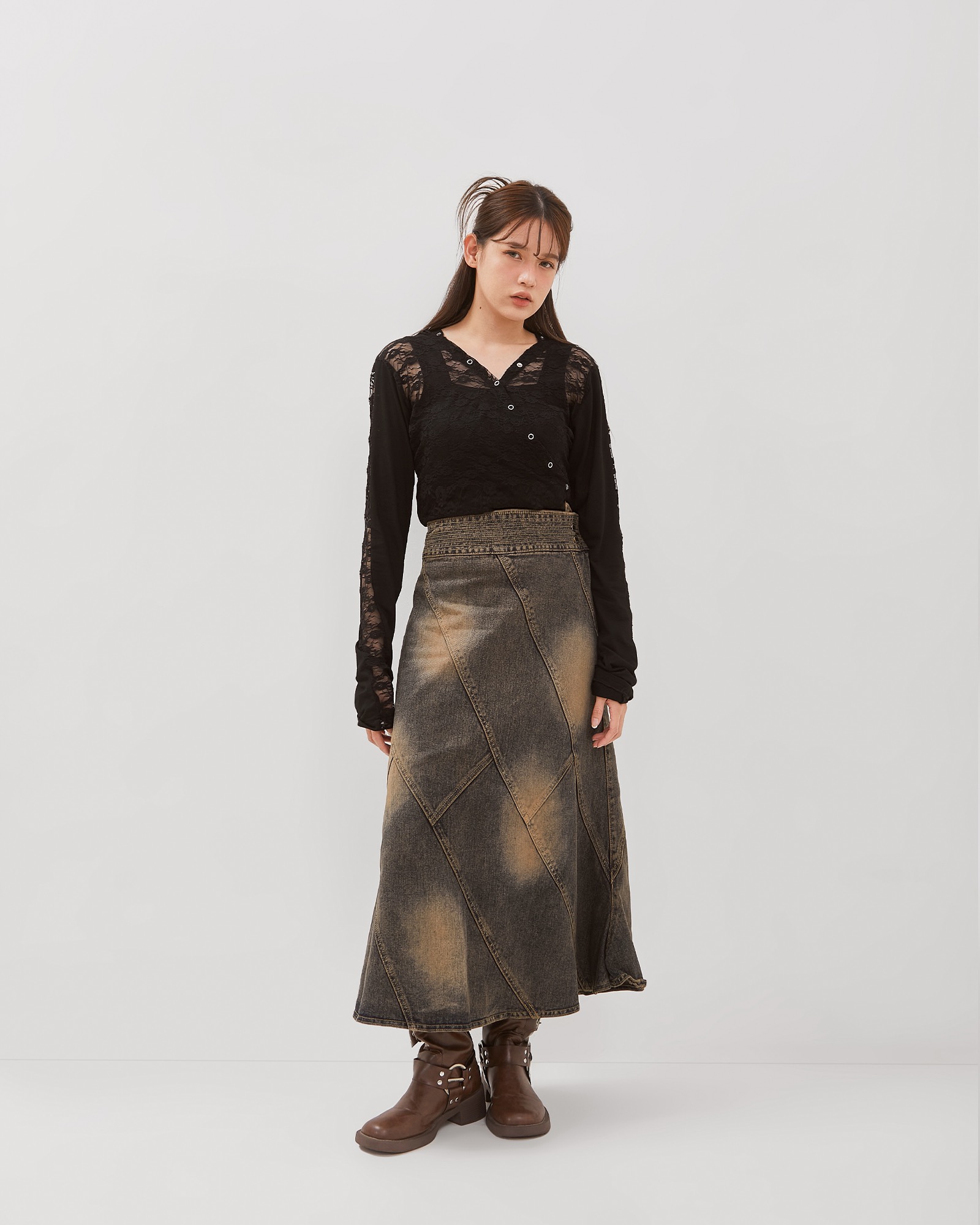 Vintage Brown Wash Line Up Denim Skirt
