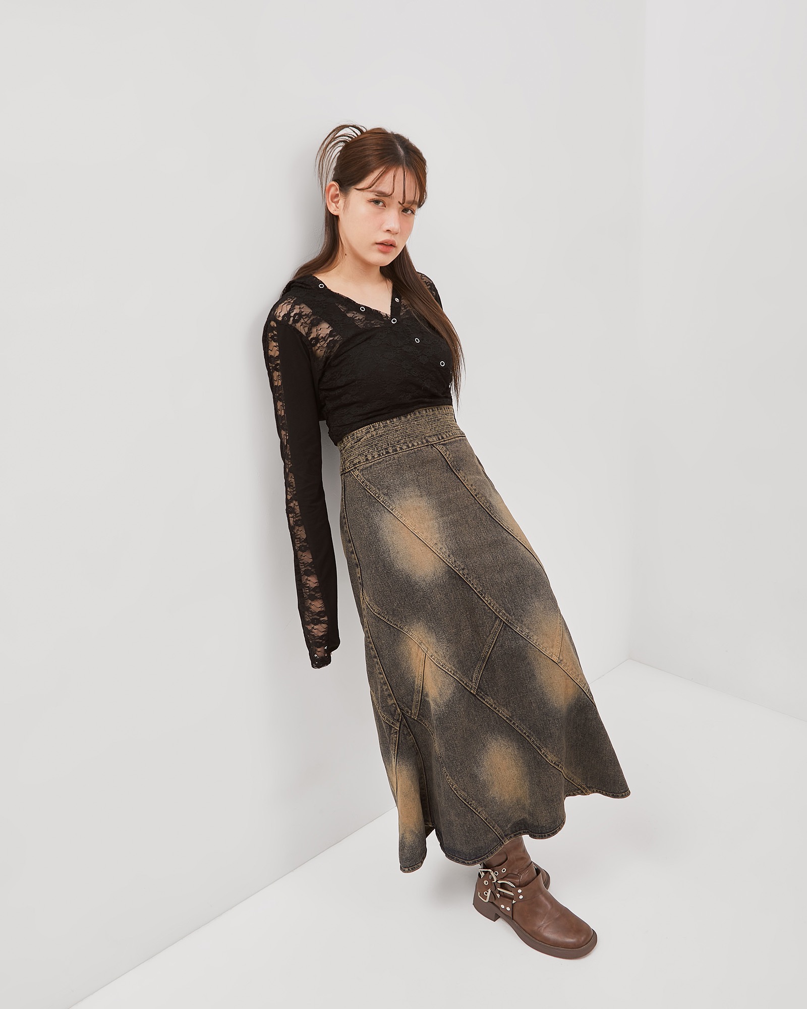 Vintage Brown Wash Line Up Denim Skirt