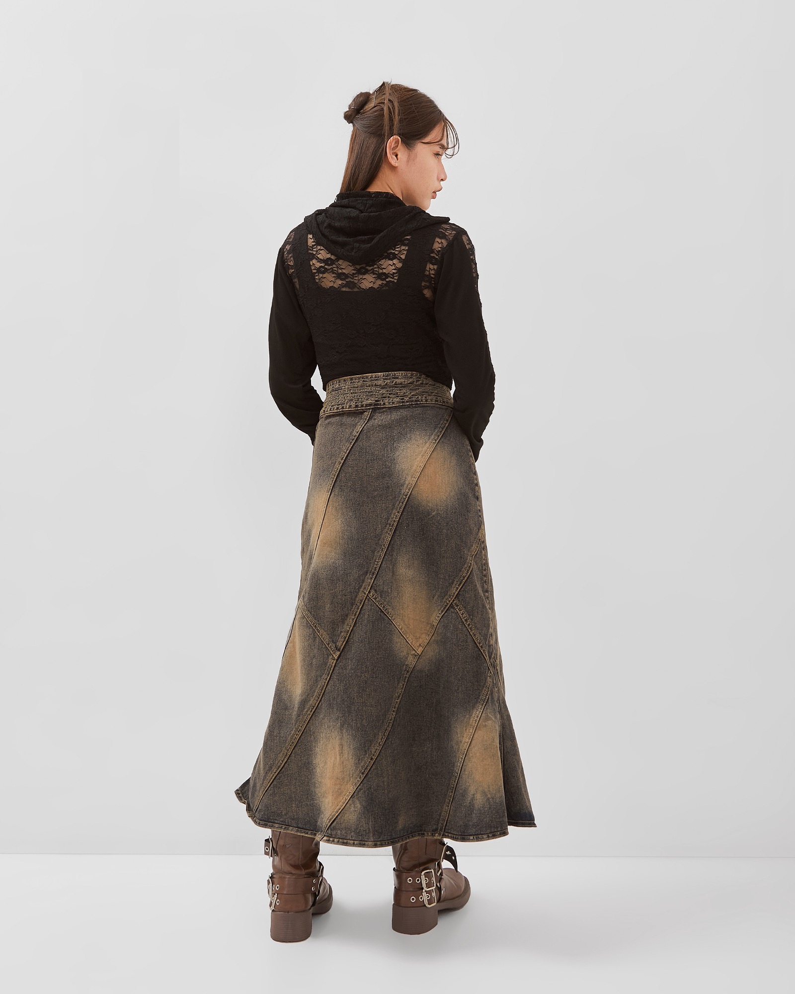 Vintage Brown Wash Line Up Denim Skirt