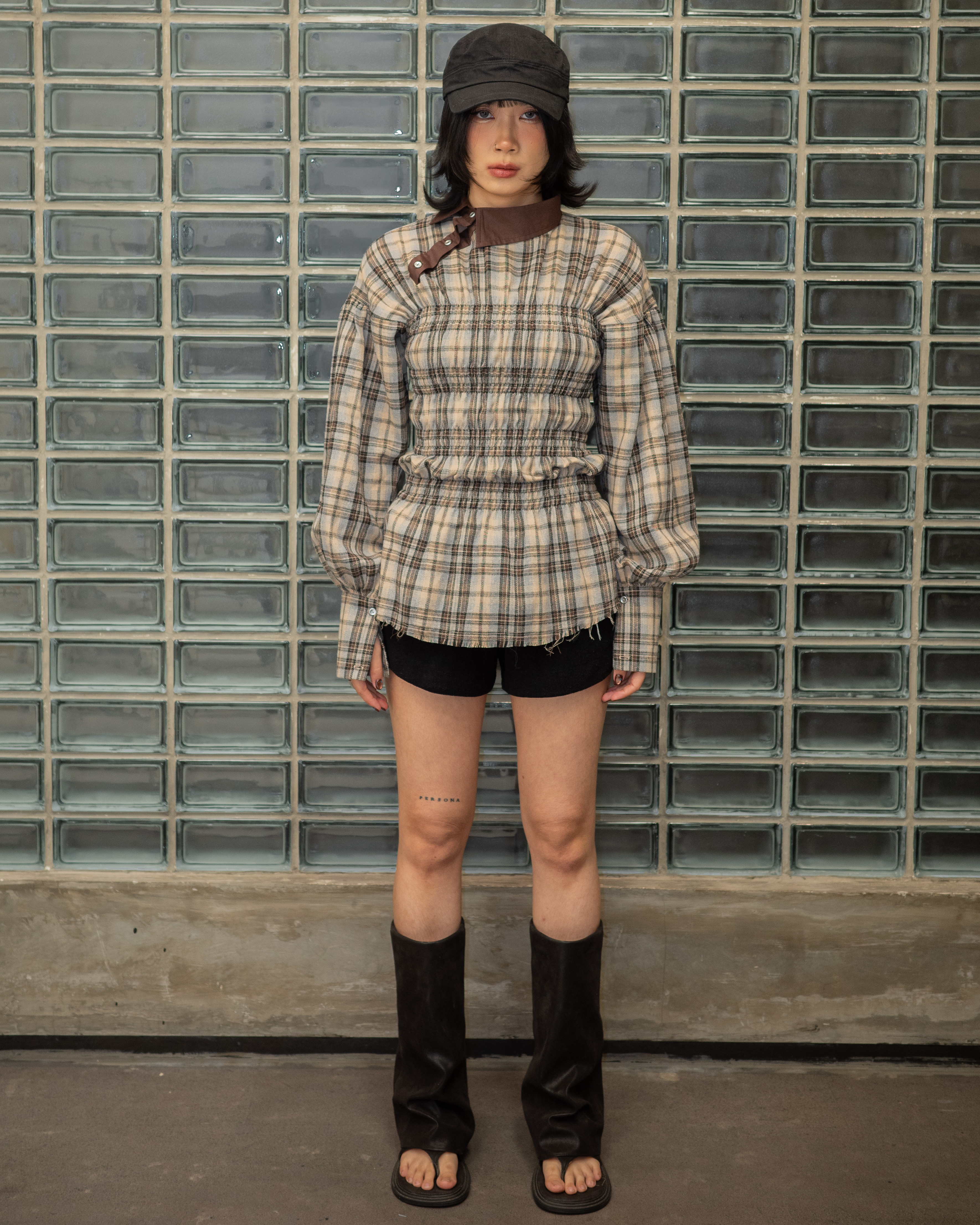 Plaid Smock Shirt with Brown Collar