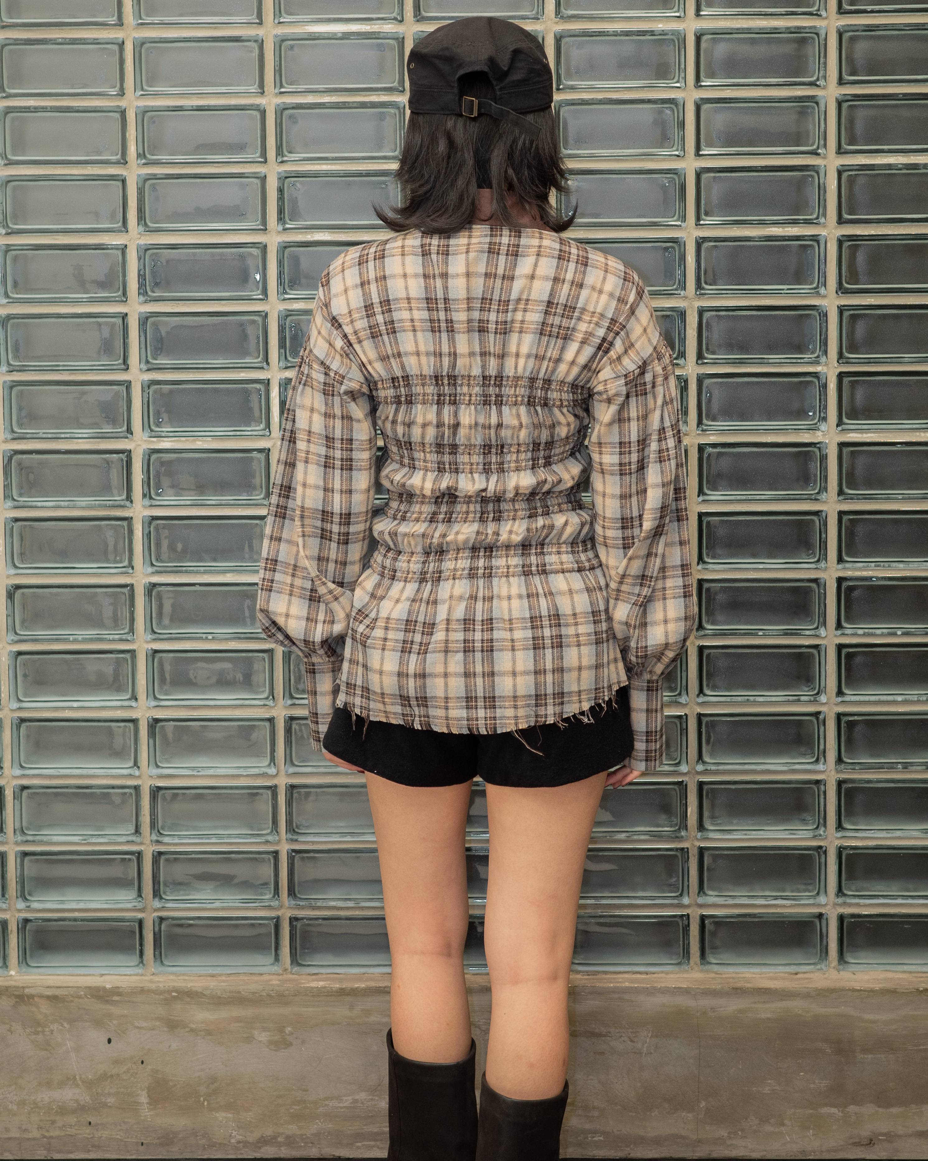 Plaid Smock Shirt with Brown Collar