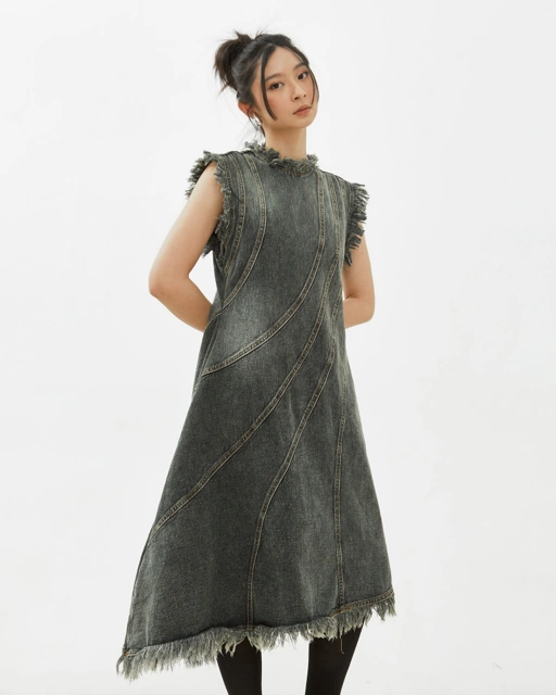 Image of CATHA - Ruffled Line Up Denim Dress