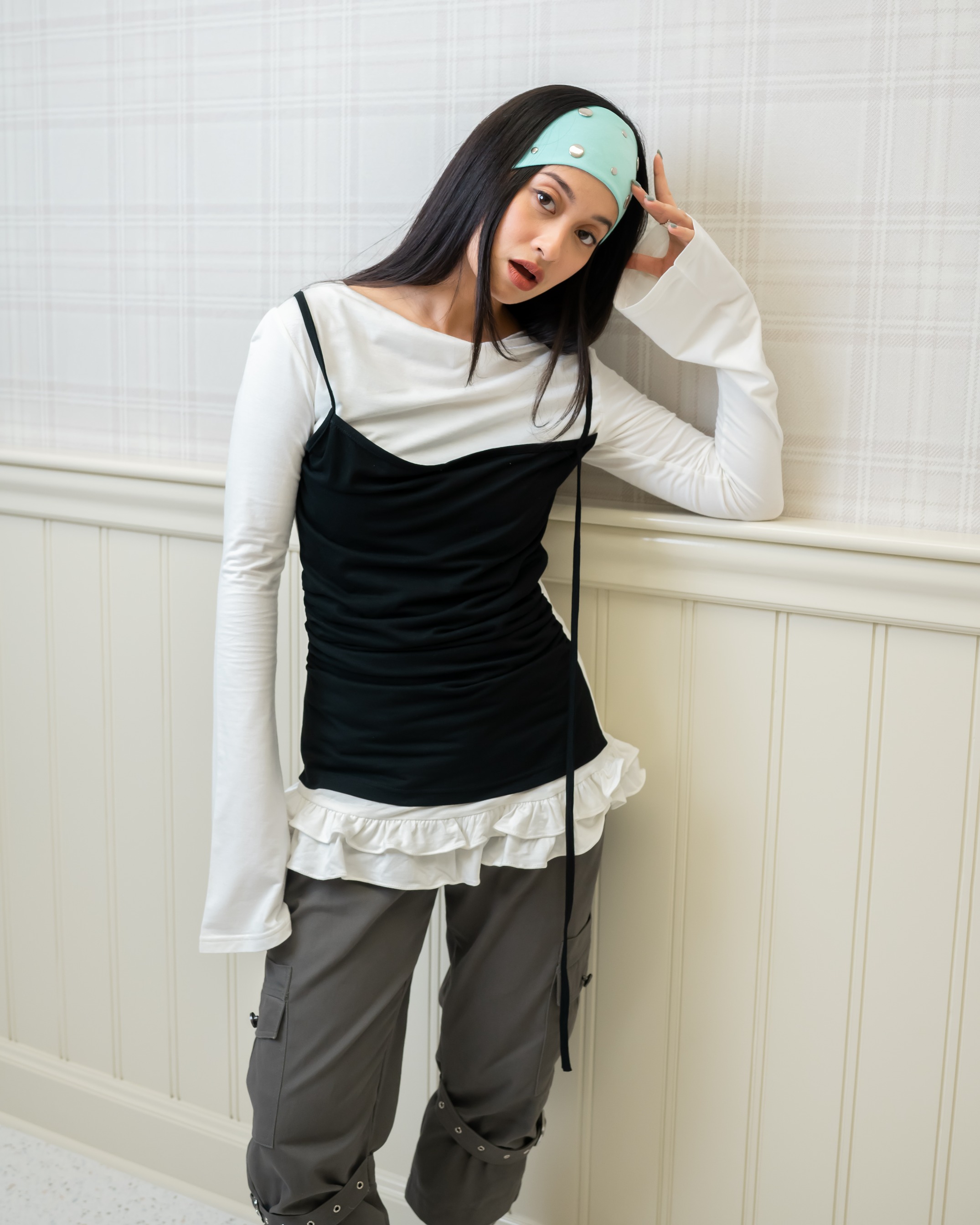 Off White Ruffle Hem Layer Top