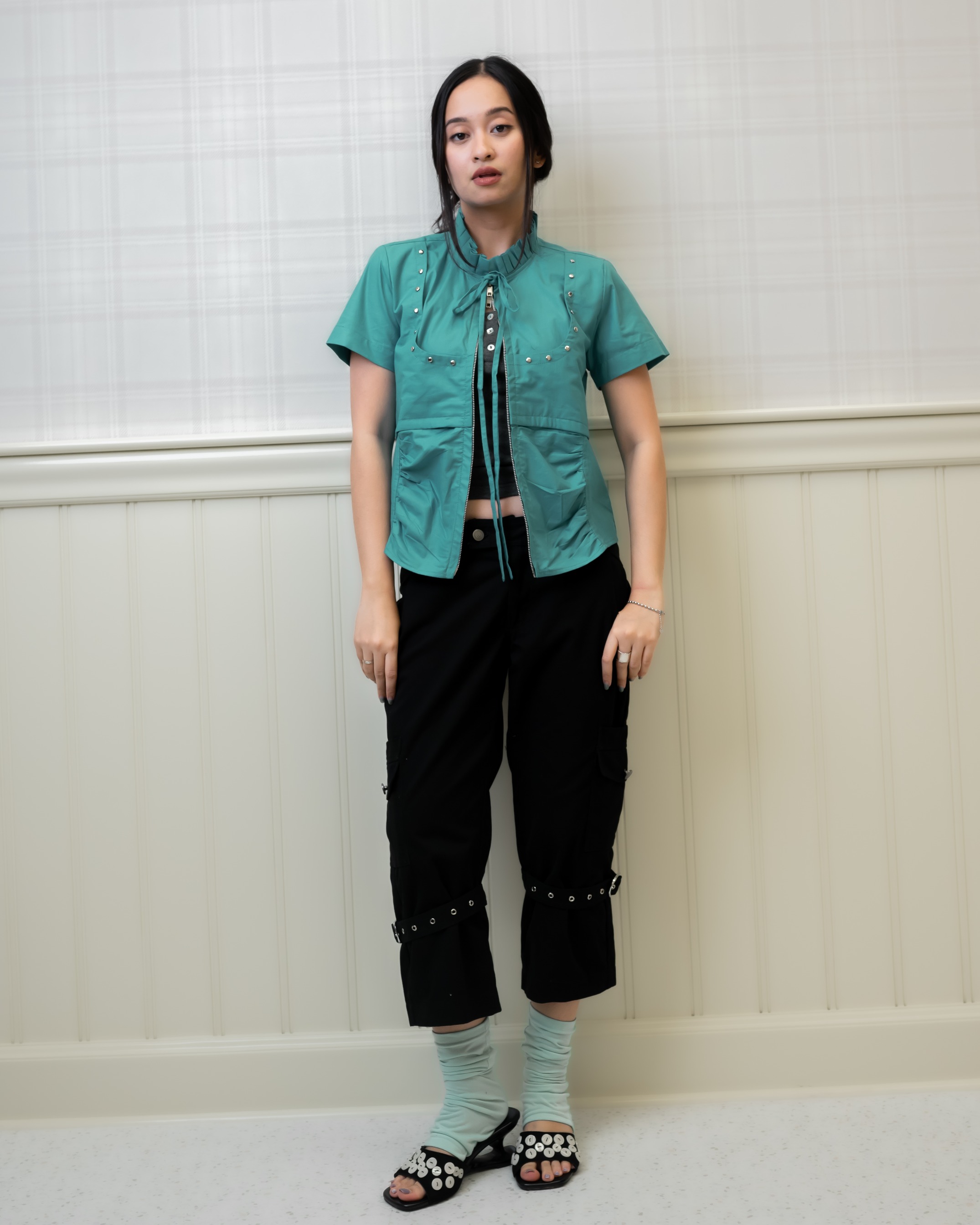 Teal Blade Ruffle Stud Top
