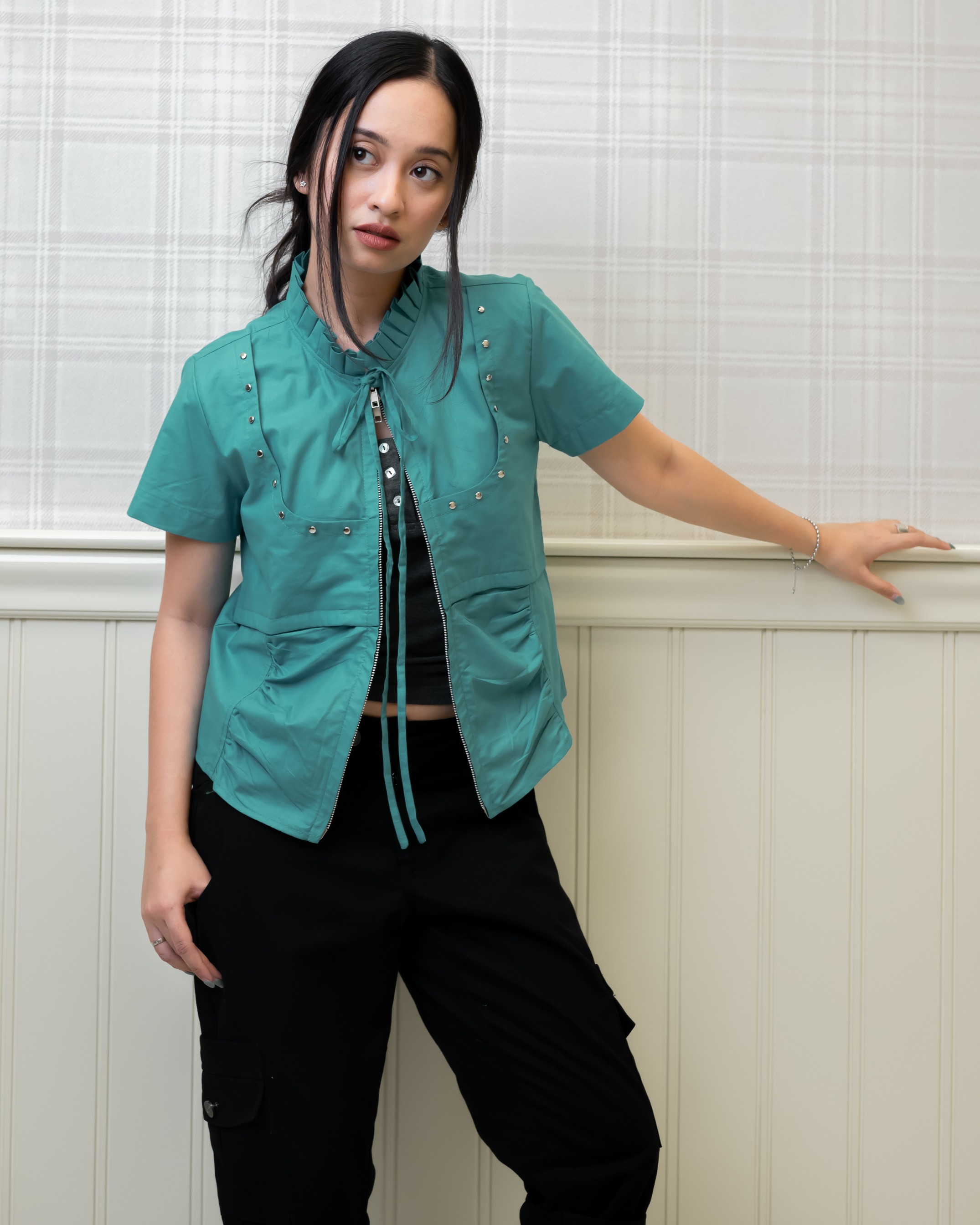Teal Blade Ruffle Stud Top