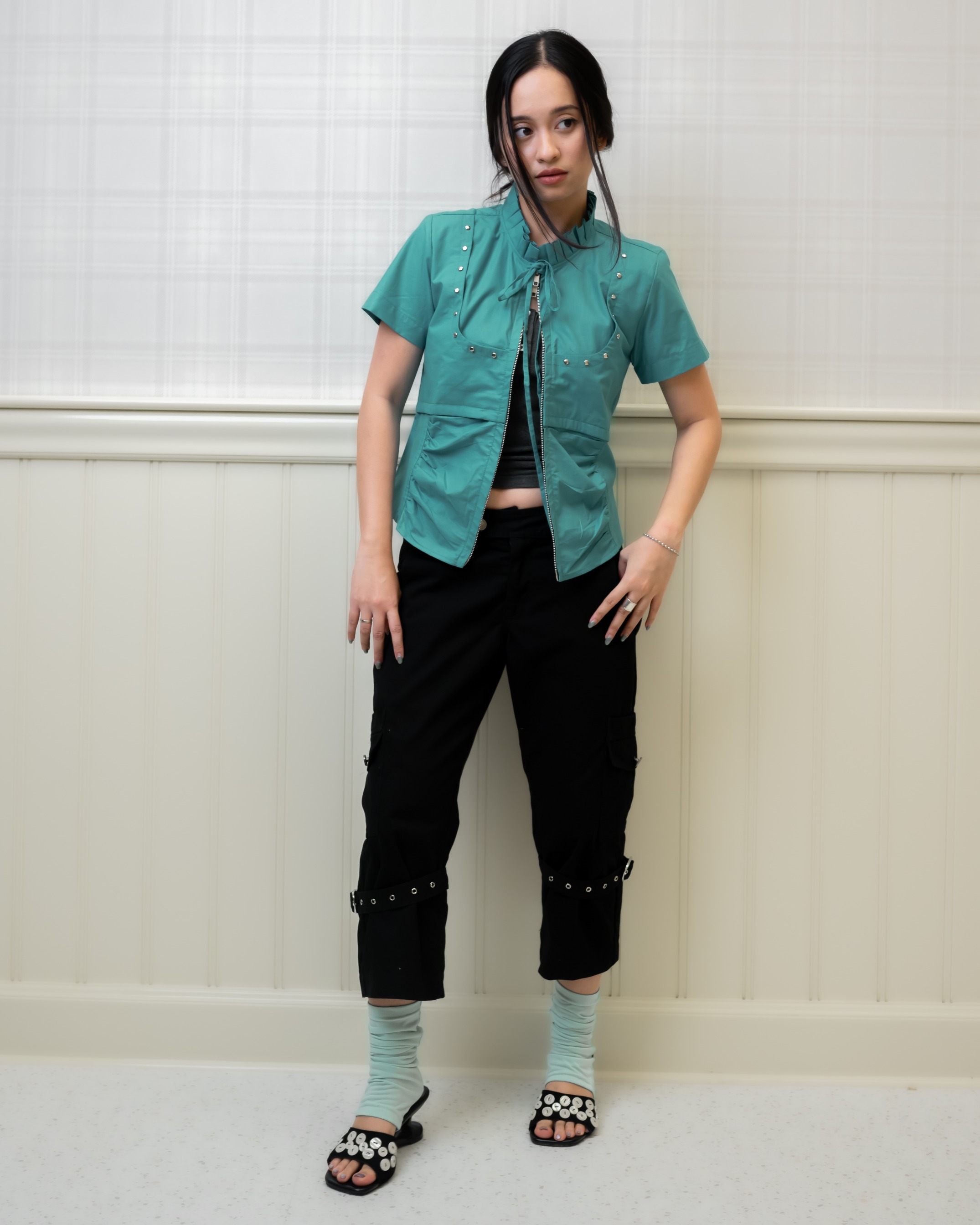 Teal Blade Ruffle Stud Top