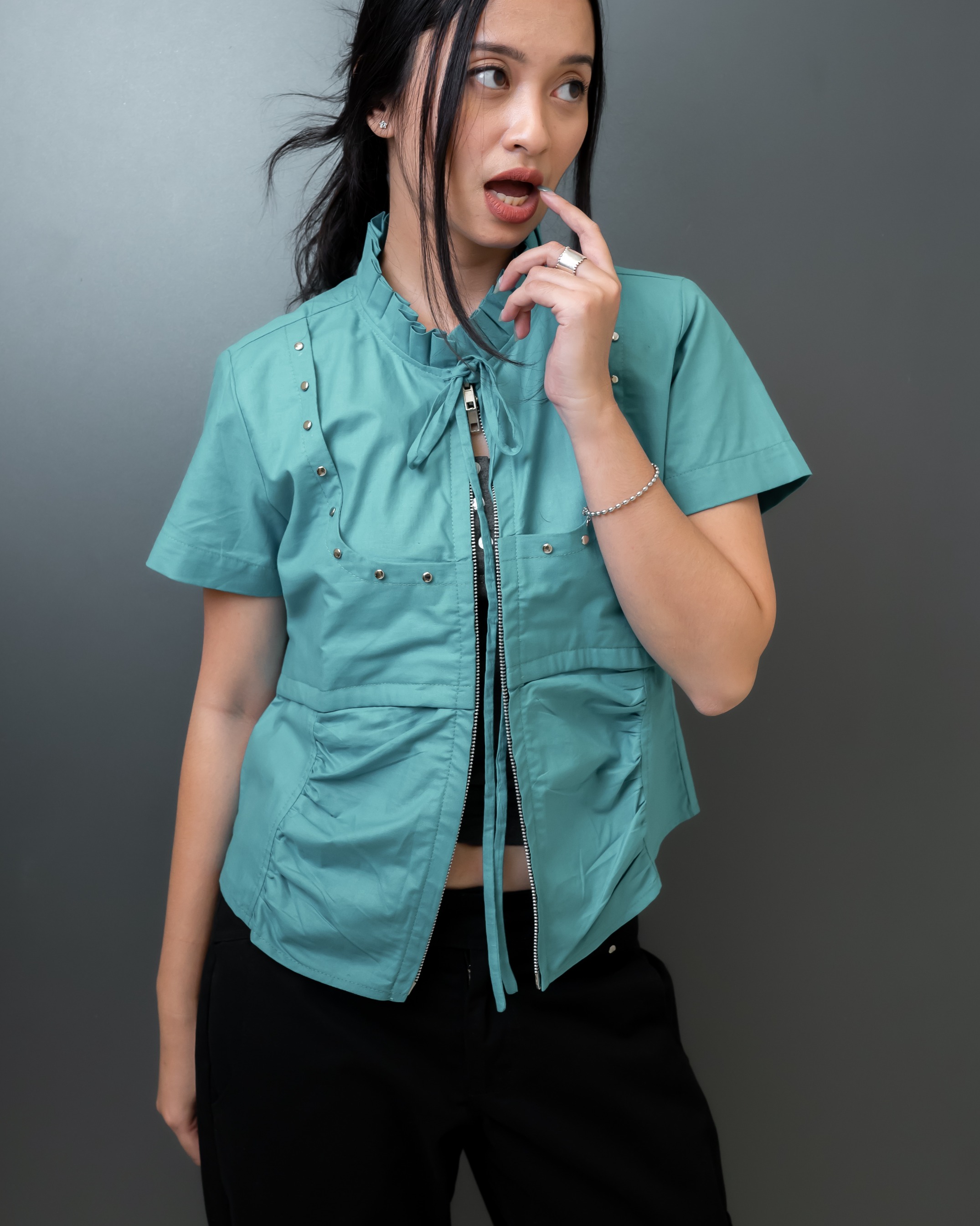 Teal Blade Ruffle Stud Top