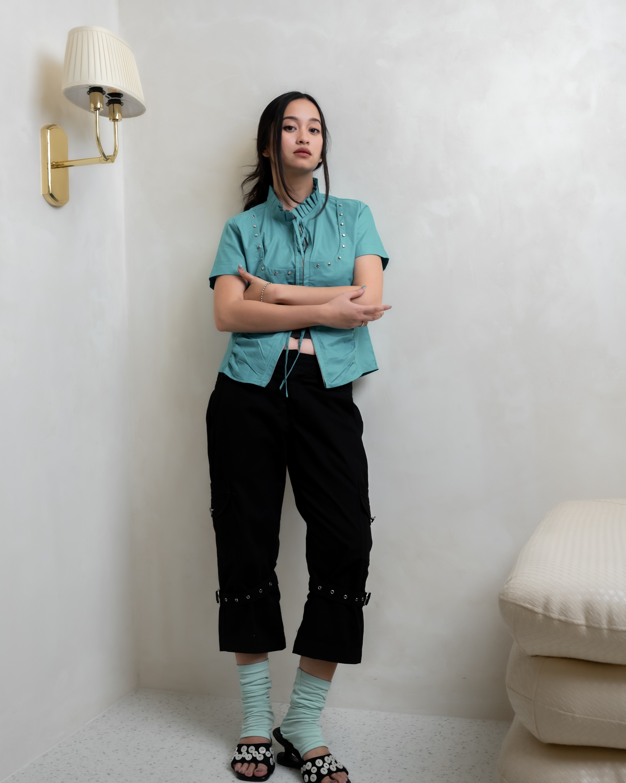 Teal Blade Ruffle Stud Top