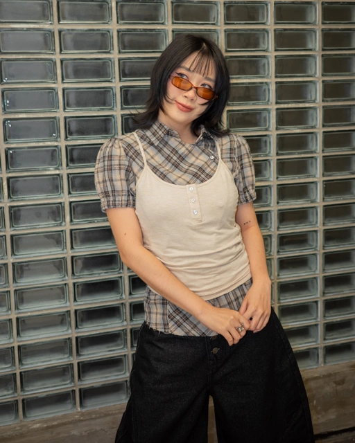 Image of CATHA - Checkered Poppy Sleeve Shirt